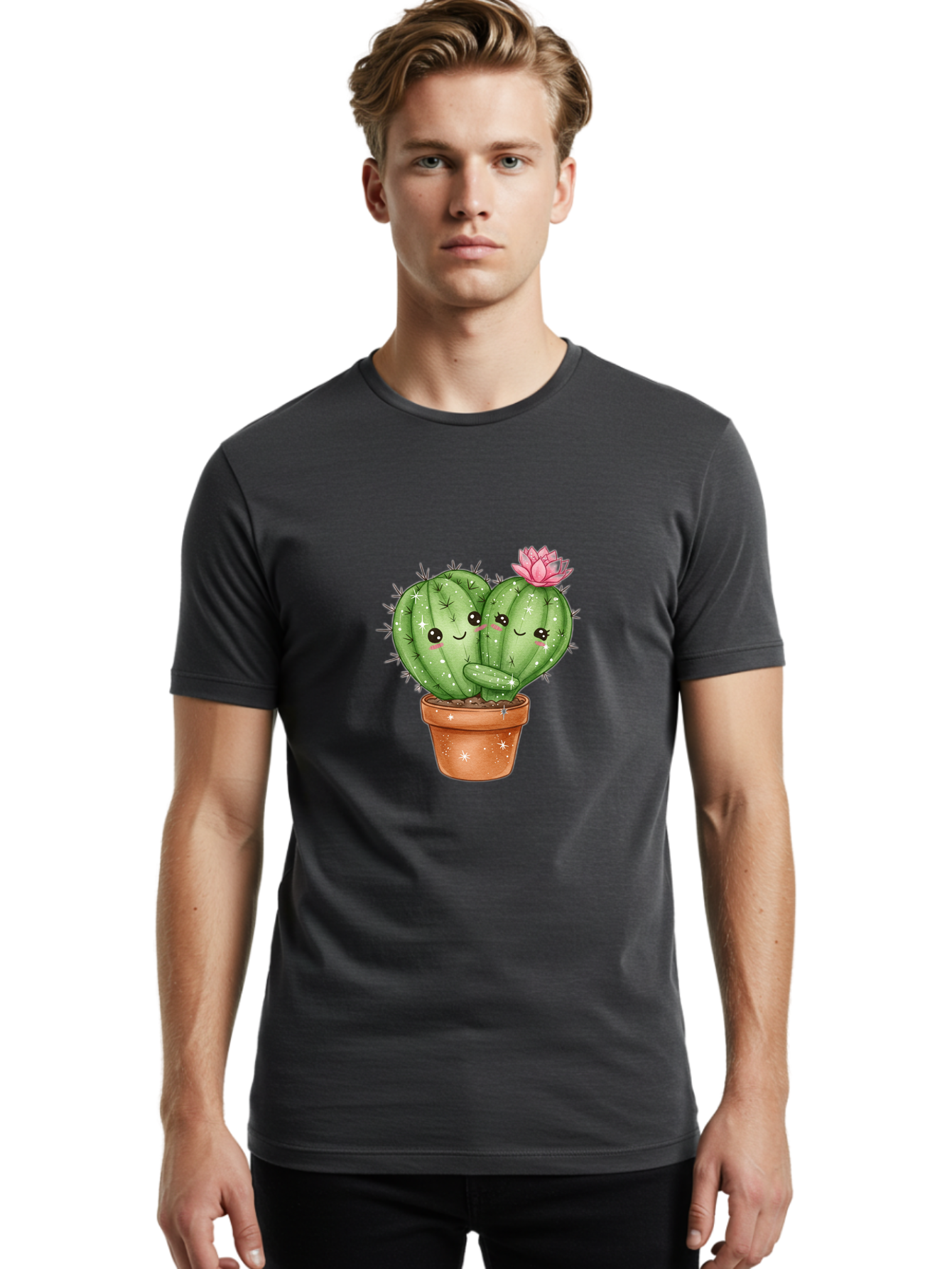 Cuddly-Cactus Men'S Graphic Tee, 100% Cotton, Comfortable Casual Summer Wear, Machine Washable, Cute Cacti, Cuddling Cacti, Cartoon Cactus, Adorable Plants, Potted Cactus, Pink Flower, Smiling Faces, Kawaii Art, Cactus Love, Cartoon Hearts, Bac954 24