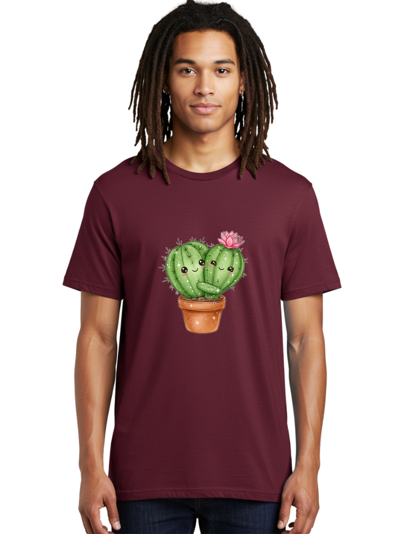 Cuddly-Cactus Men'S Graphic Tee, 100% Cotton, Comfortable Casual Summer Wear, Machine Washable, Cute Cacti, Cuddling Cacti, Cartoon Cactus, Adorable Plants, Potted Cactus, Pink Flower, Smiling Faces, Kawaii Art, Cactus Love, Cartoon Hearts, Bac954 20