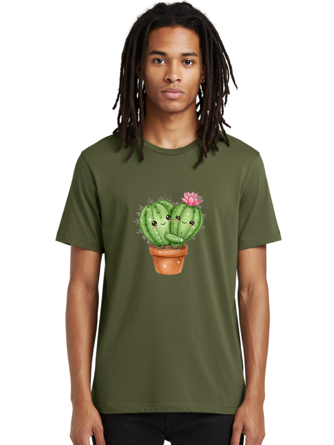 Cuddly-Cactus Men'S Graphic Tee, 100% Cotton, Comfortable Casual Summer Wear, Machine Washable, Cute Cacti, Cuddling Cacti, Cartoon Cactus, Adorable Plants, Potted Cactus, Pink Flower, Smiling Faces, Kawaii Art, Cactus Love, Cartoon Hearts, Bac954 23