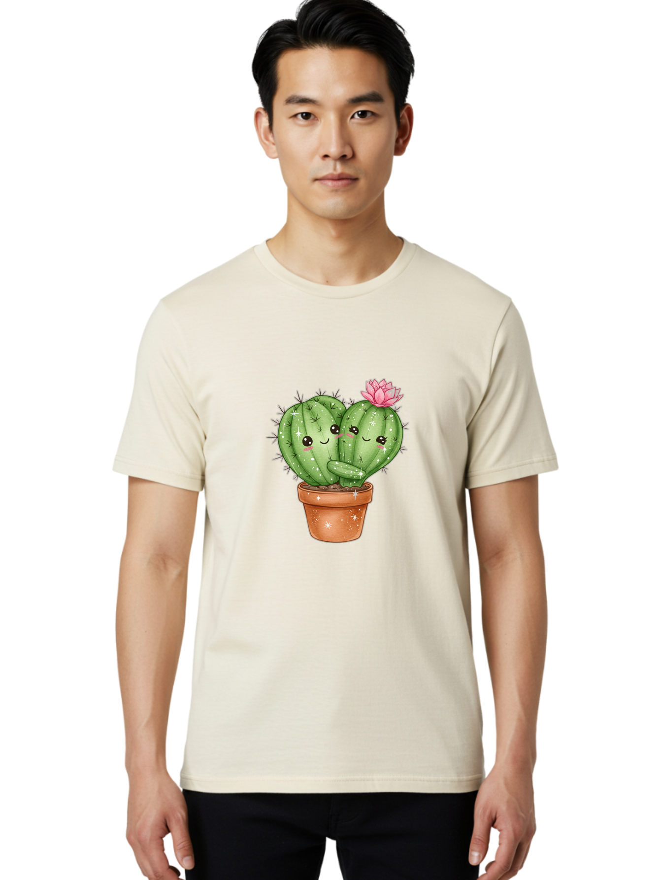 Cuddly-Cactus Men'S Graphic Tee, 100% Cotton, Comfortable Casual Summer Wear, Machine Washable, Cute Cacti, Cuddling Cacti, Cartoon Cactus, Adorable Plants, Potted Cactus, Pink Flower, Smiling Faces, Kawaii Art, Cactus Love, Cartoon Hearts, Bac954 25