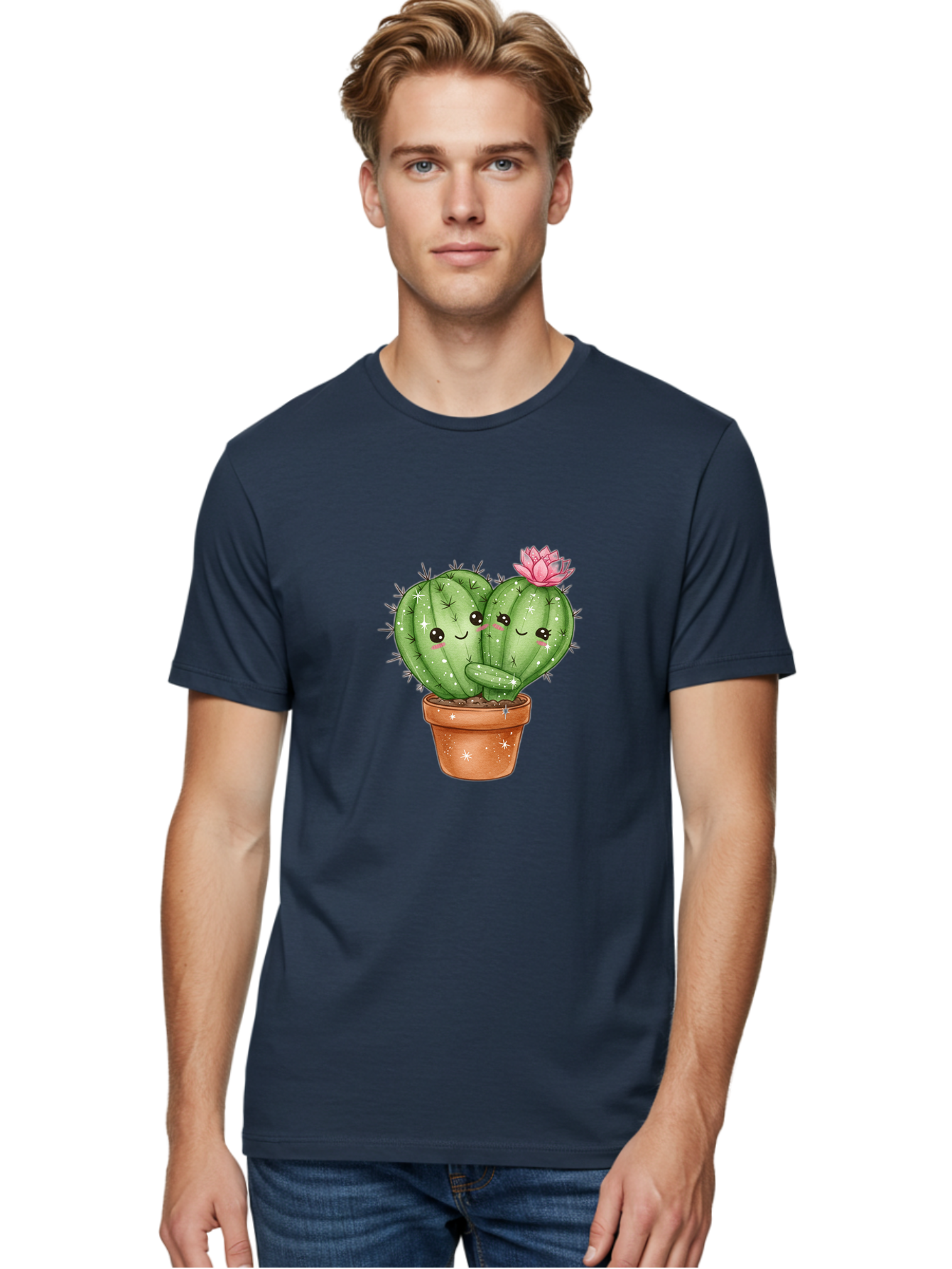 Cuddly-Cactus Men'S Graphic Tee, 100% Cotton, Comfortable Casual Summer Wear, Machine Washable, Cute Cacti, Cuddling Cacti, Cartoon Cactus, Adorable Plants, Potted Cactus, Pink Flower, Smiling Faces, Kawaii Art, Cactus Love, Cartoon Hearts, Bac954 17