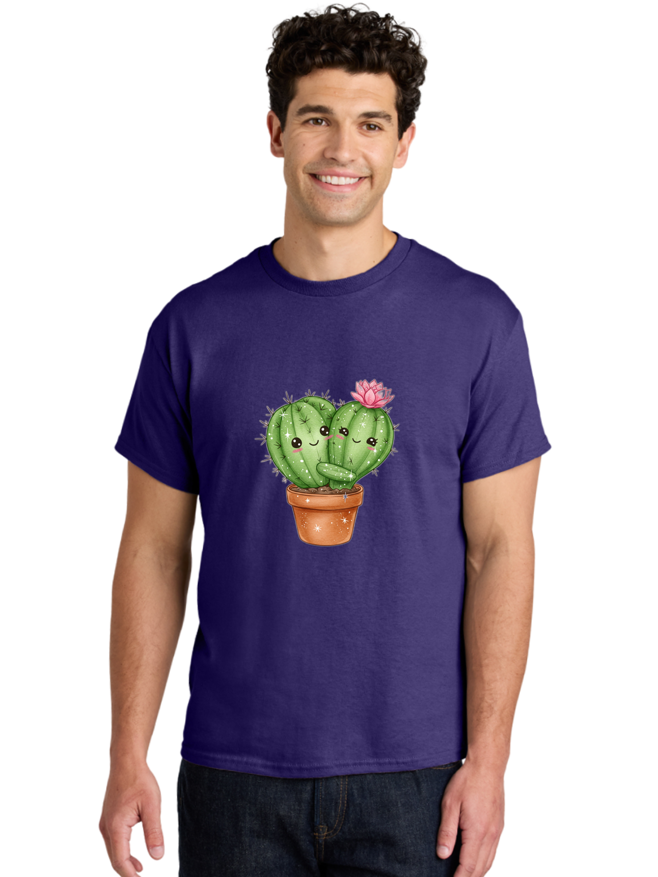 Cuddly-Cactus Men'S Graphic Tee, 100% Cotton, Comfortable Casual Summer Wear, Machine Washable, Cute Cacti, Cuddling Cacti, Cartoon Cactus, Adorable Plants, Potted Cactus, Pink Flower, Smiling Faces, Kawaii Art, Cactus Love, Cartoon Hearts, Bac954 26