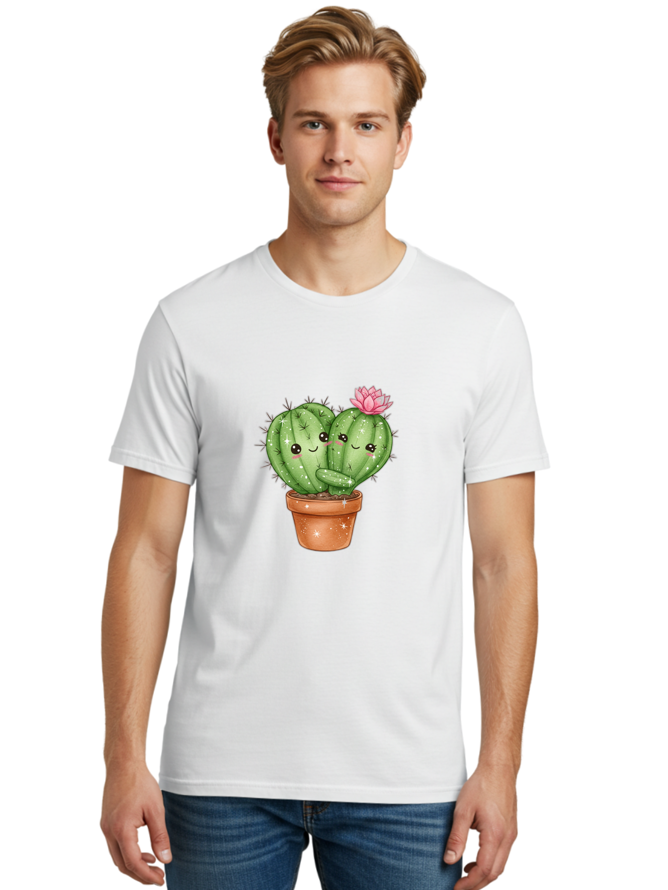 Cuddly-Cactus Men'S Graphic Tee, 100% Cotton, Comfortable Casual Summer Wear, Machine Washable, Cute Cacti, Cuddling Cacti, Cartoon Cactus, Adorable Plants, Potted Cactus, Pink Flower, Smiling Faces, Kawaii Art, Cactus Love, Cartoon Hearts, Bac954 30