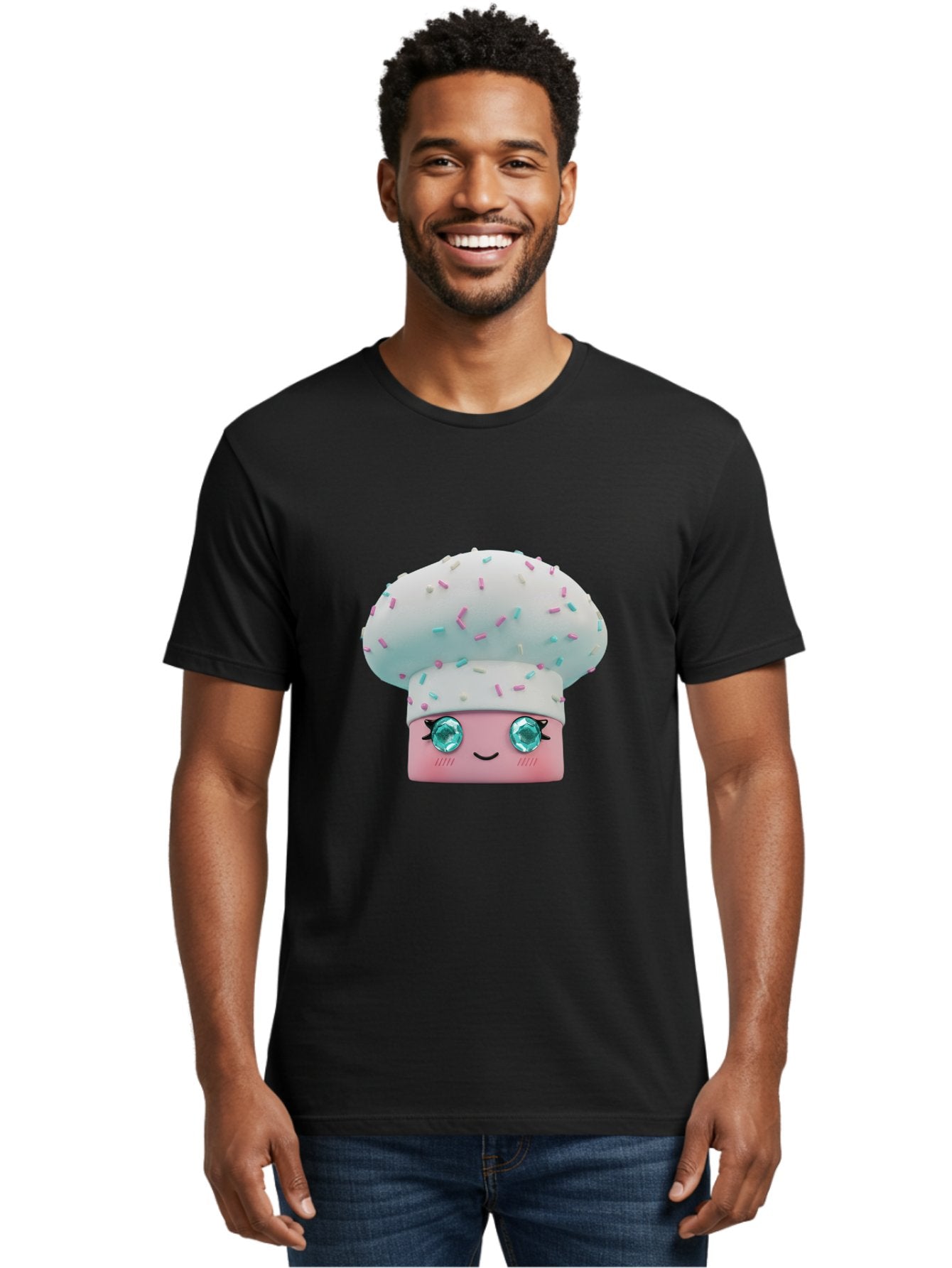 Cup-Cake Men'S Graphic Tee, 100% Cotton, Comfortable Casual Summer Wear, Machine Washable, Smiling Cupcake, Cute Treats, Sweet Tooth, Pastel Colors, Gemstone Eyes, Cartoon Character, Bakery Delight, Dessert Love, Whimsical Design, Bac955 28
