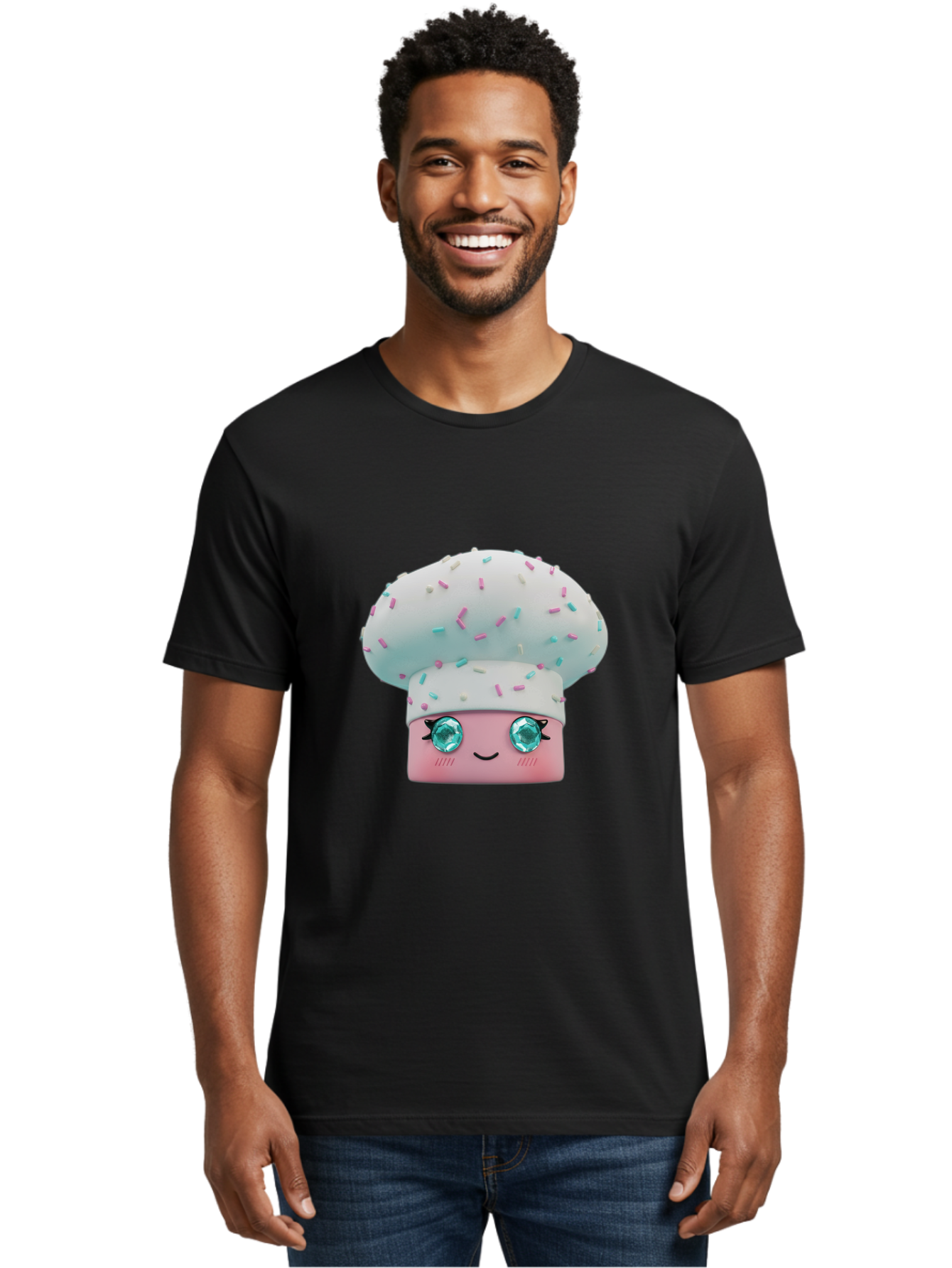 Cup-Cake Men'S Graphic Tee, 100% Cotton, Comfortable Casual Summer Wear, Machine Washable, Smiling Cupcake, Cute Treats, Sweet Tooth, Pastel Colors, Gemstone Eyes, Cartoon Character, Bakery Delight, Dessert Love, Whimsical Design, Bac955 18