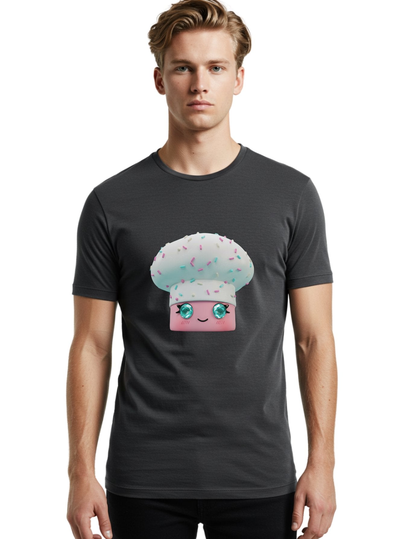 Cup-Cake Men'S Graphic Tee, 100% Cotton, Comfortable Casual Summer Wear, Machine Washable, Smiling Cupcake, Cute Treats, Sweet Tooth, Pastel Colors, Gemstone Eyes, Cartoon Character, Bakery Delight, Dessert Love, Whimsical Design, Bac955 23