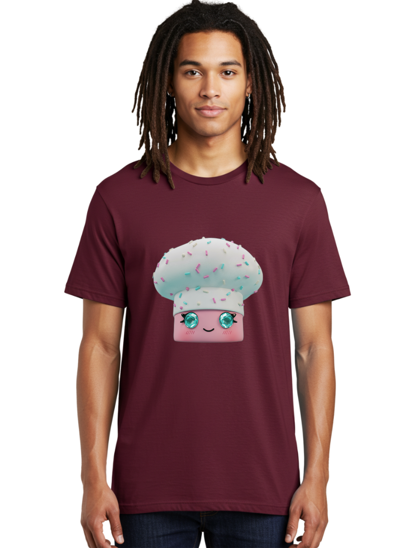 Cup-Cake Men'S Graphic Tee, 100% Cotton, Comfortable Casual Summer Wear, Machine Washable, Smiling Cupcake, Cute Treats, Sweet Tooth, Pastel Colors, Gemstone Eyes, Cartoon Character, Bakery Delight, Dessert Love, Whimsical Design, Bac955 30