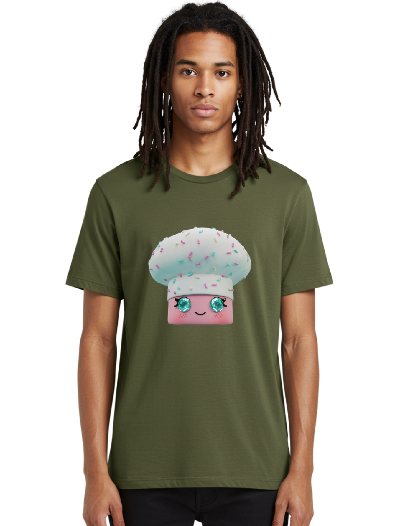 Cup-Cake Men'S Graphic Tee, 100% Cotton, Comfortable Casual Summer Wear, Machine Washable, Smiling Cupcake, Cute Treats, Sweet Tooth, Pastel Colors, Gemstone Eyes, Cartoon Character, Bakery Delight, Dessert Love, Whimsical Design, Bac955 29