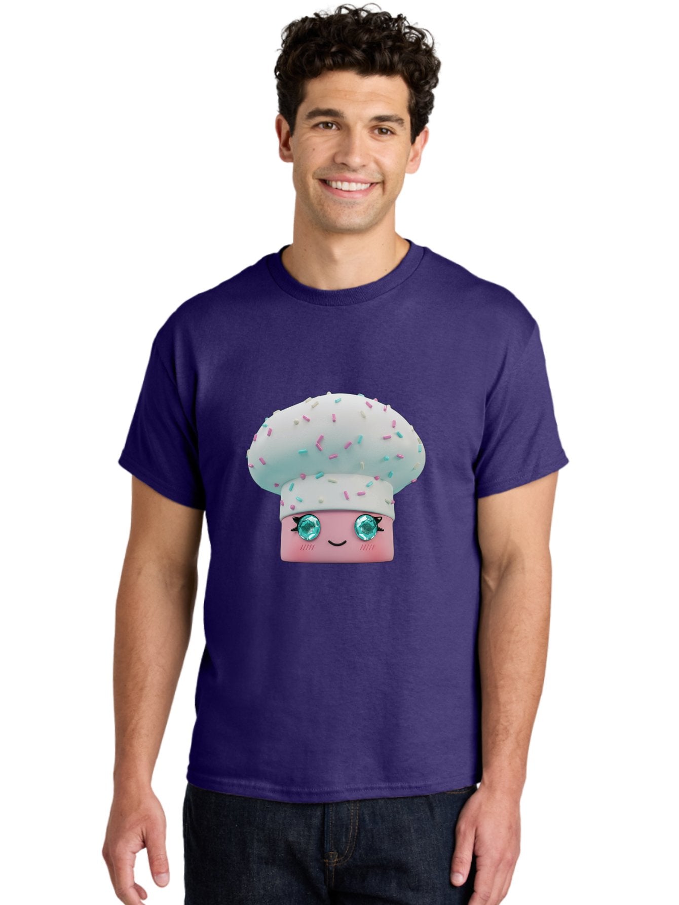 Cup-Cake Men'S Graphic Tee, 100% Cotton, Comfortable Casual Summer Wear, Machine Washable, Smiling Cupcake, Cute Treats, Sweet Tooth, Pastel Colors, Gemstone Eyes, Cartoon Character, Bakery Delight, Dessert Love, Whimsical Design, Bac955 24