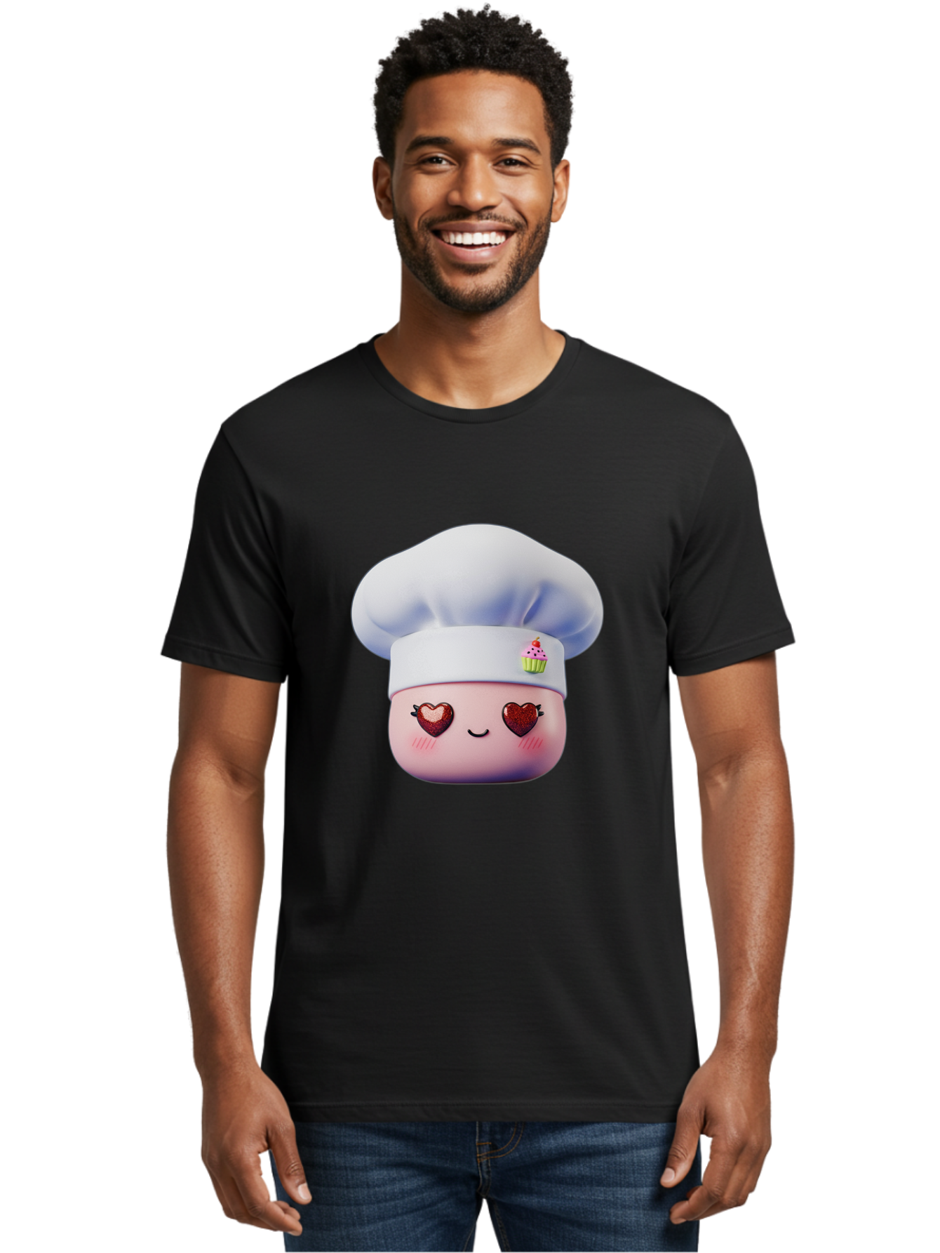 Cupcake-Chef Men'S Graphic Tee, 100% Cotton, Comfortable Casual Summer Wear, Machine Washable, Cartoon Chef, Baker Character, Sweet Treats, Heart-Shaped Eyes, Dessert Design, Baking Love, Pastry Chef Hat, Cute Pastel Colors, Whimsical Bakery Bac956 25
