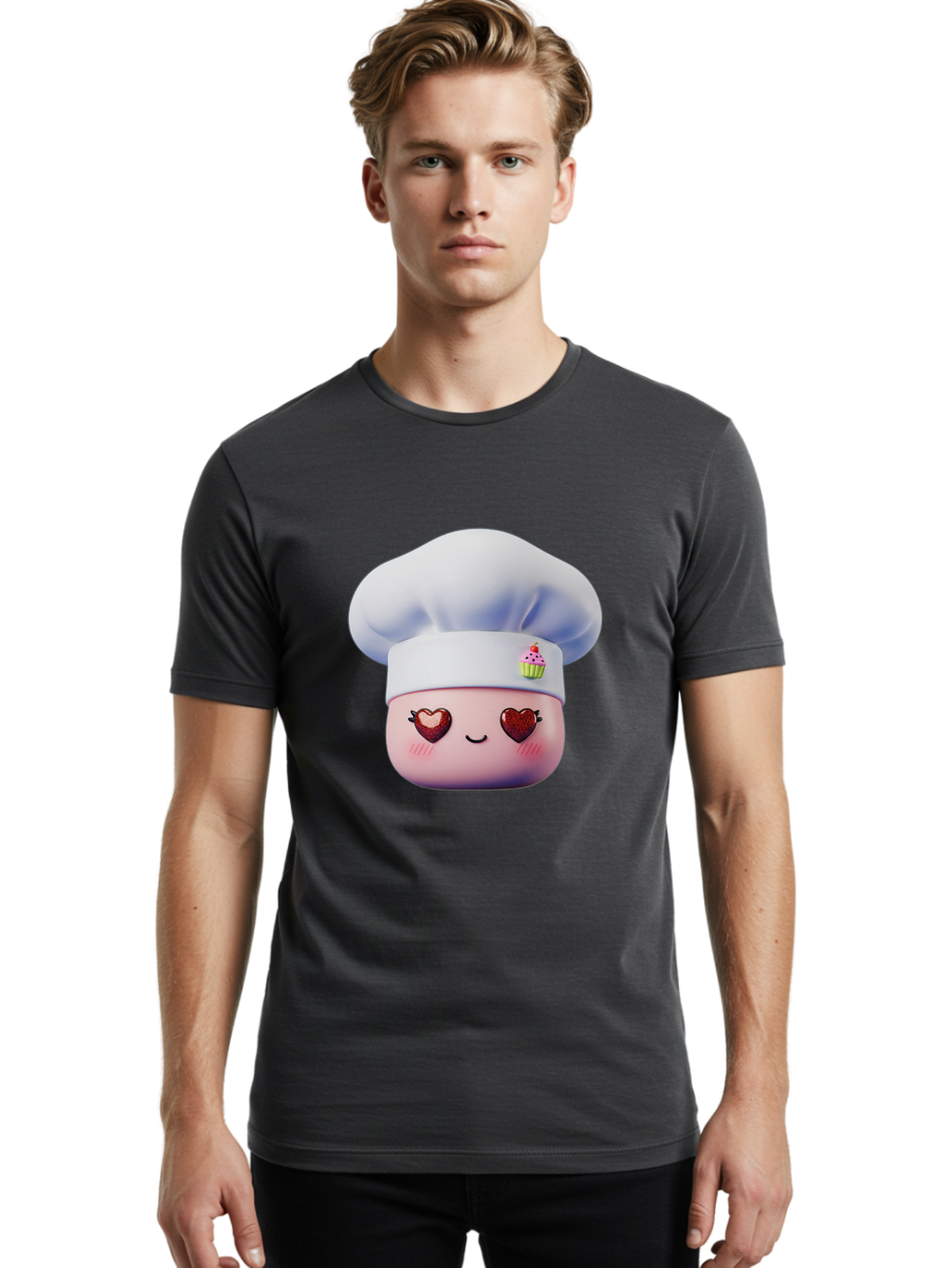 Cupcake-Chef Men'S Graphic Tee, 100% Cotton, Comfortable Casual Summer Wear, Machine Washable, Cartoon Chef, Baker Character, Sweet Treats, Heart-Shaped Eyes, Dessert Design, Baking Love, Pastry Chef Hat, Cute Pastel Colors, Whimsical Bakery Bac956 19
