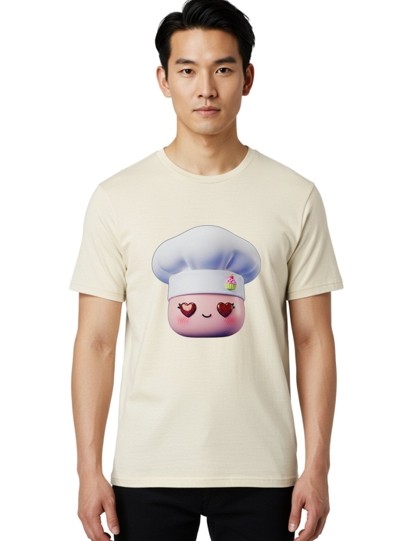 Cupcake-Chef Men'S Graphic Tee, 100% Cotton, Comfortable Casual Summer Wear, Machine Washable, Cartoon Chef, Baker Character, Sweet Treats, Heart-Shaped Eyes, Dessert Design, Baking Love, Pastry Chef Hat, Cute Pastel Colors, Whimsical Bakery Bac956 25