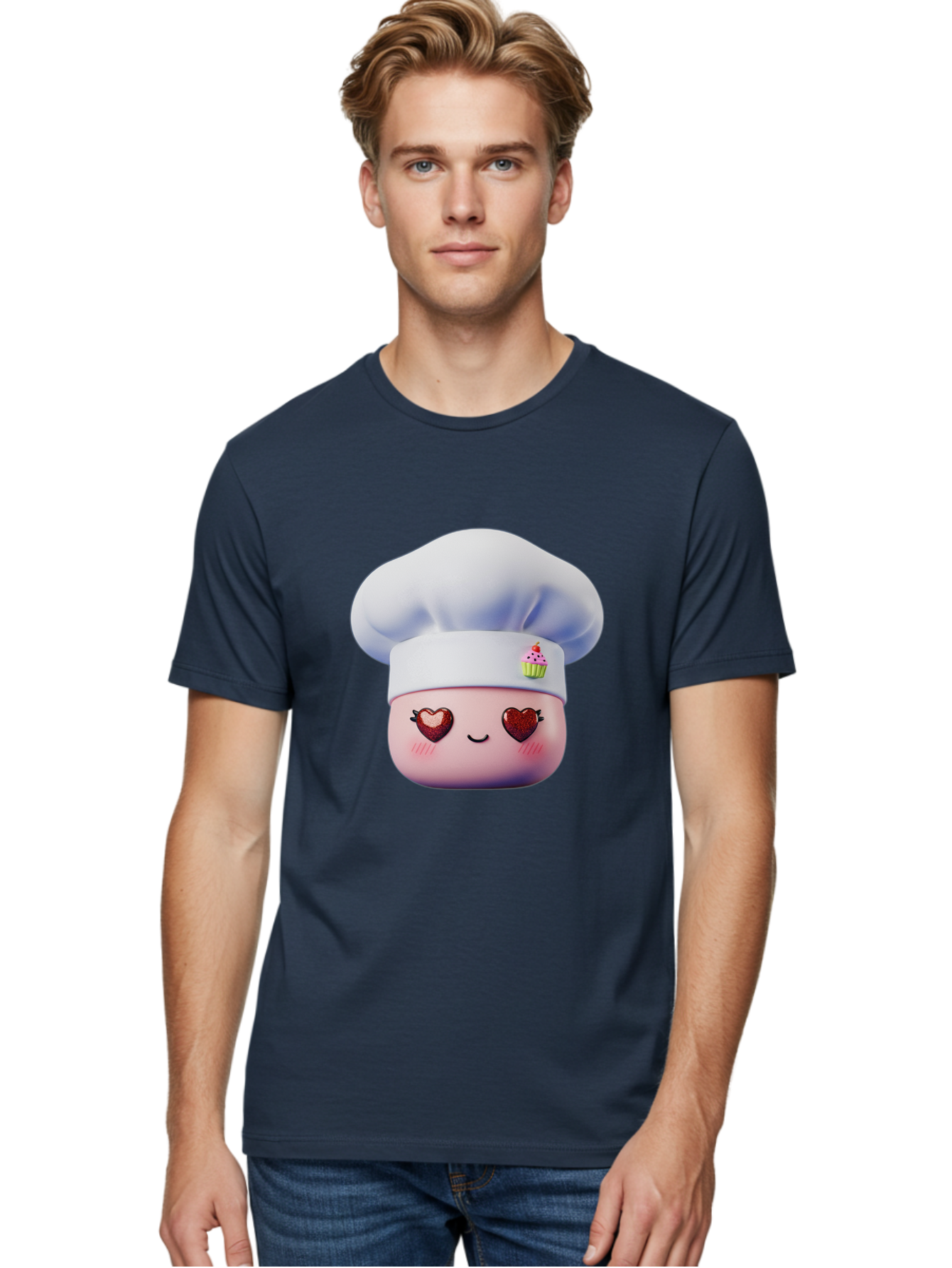 Cupcake-Chef Men'S Graphic Tee, 100% Cotton, Comfortable Casual Summer Wear, Machine Washable, Cartoon Chef, Baker Character, Sweet Treats, Heart-Shaped Eyes, Dessert Design, Baking Love, Pastry Chef Hat, Cute Pastel Colors, Whimsical Bakery Bac956 28
