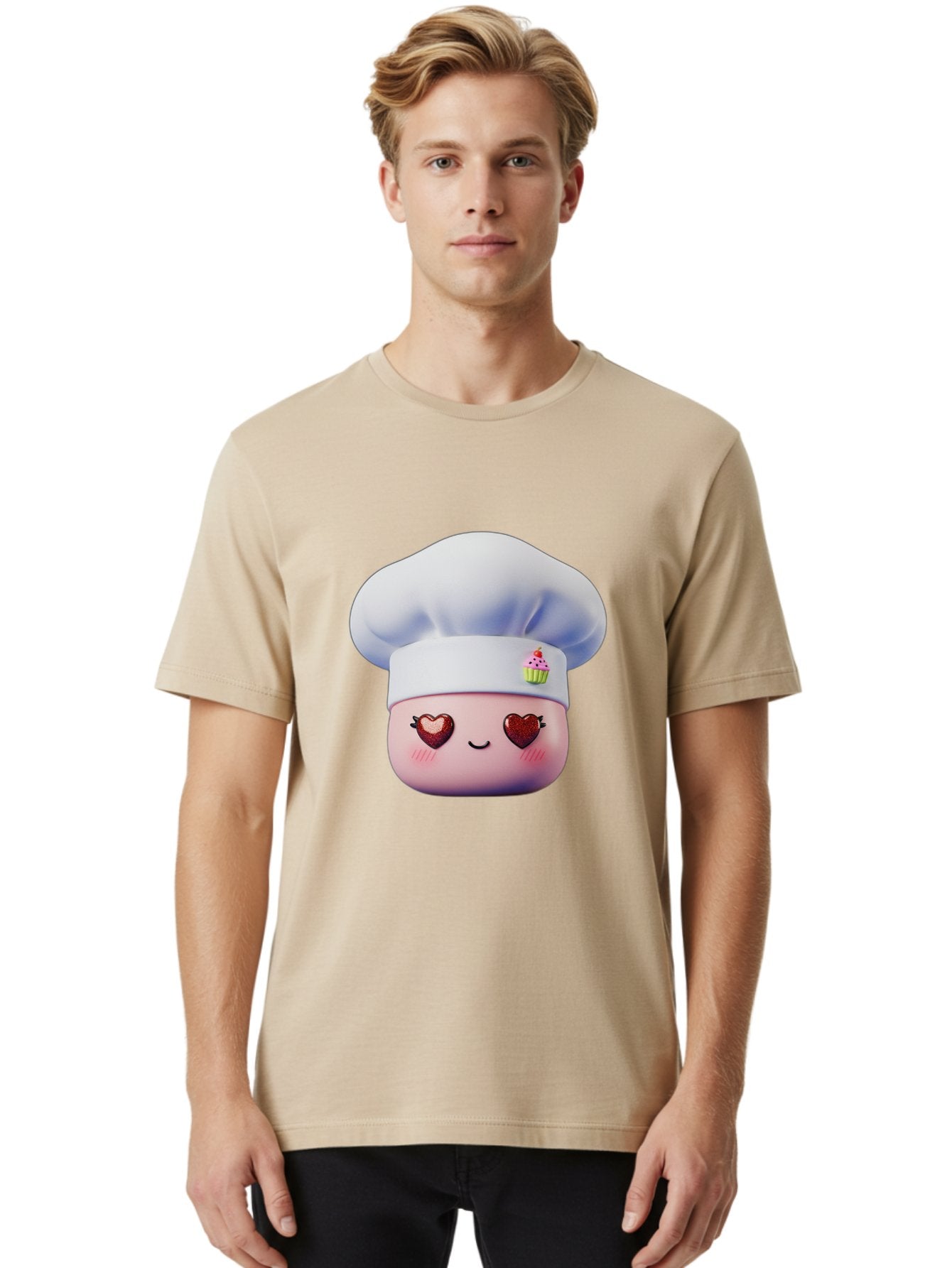 Cupcake-Chef Men'S Graphic Tee, 100% Cotton, Comfortable Casual Summer Wear, Machine Washable, Cartoon Chef, Baker Character, Sweet Treats, Heart-Shaped Eyes, Dessert Design, Baking Love, Pastry Chef Hat, Cute Pastel Colors, Whimsical Bakery Bac956 24