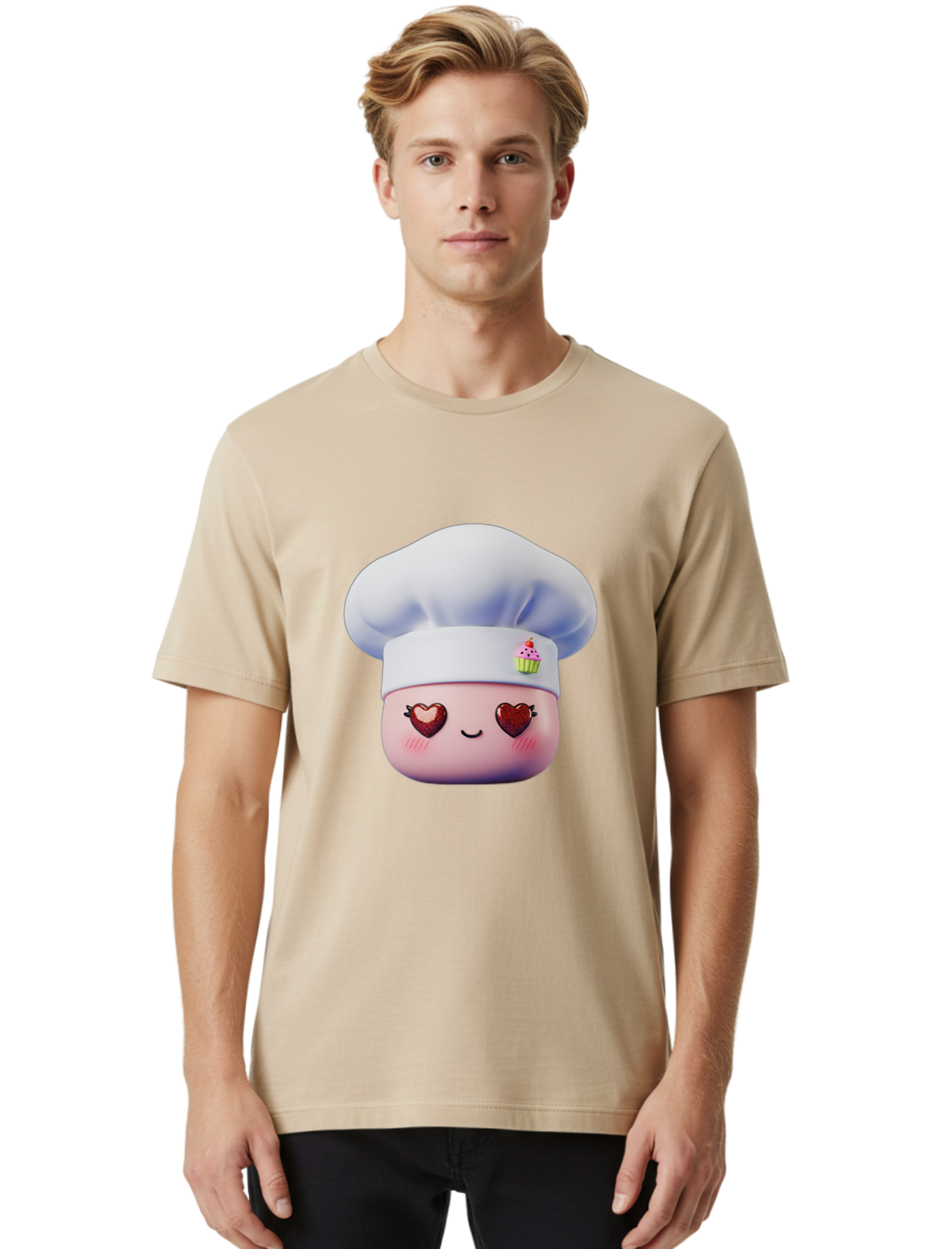 Cupcake-Chef Men'S Graphic Tee, 100% Cotton, Comfortable Casual Summer Wear, Machine Washable, Cartoon Chef, Baker Character, Sweet Treats, Heart-Shaped Eyes, Dessert Design, Baking Love, Pastry Chef Hat, Cute Pastel Colors, Whimsical Bakery Bac956 22