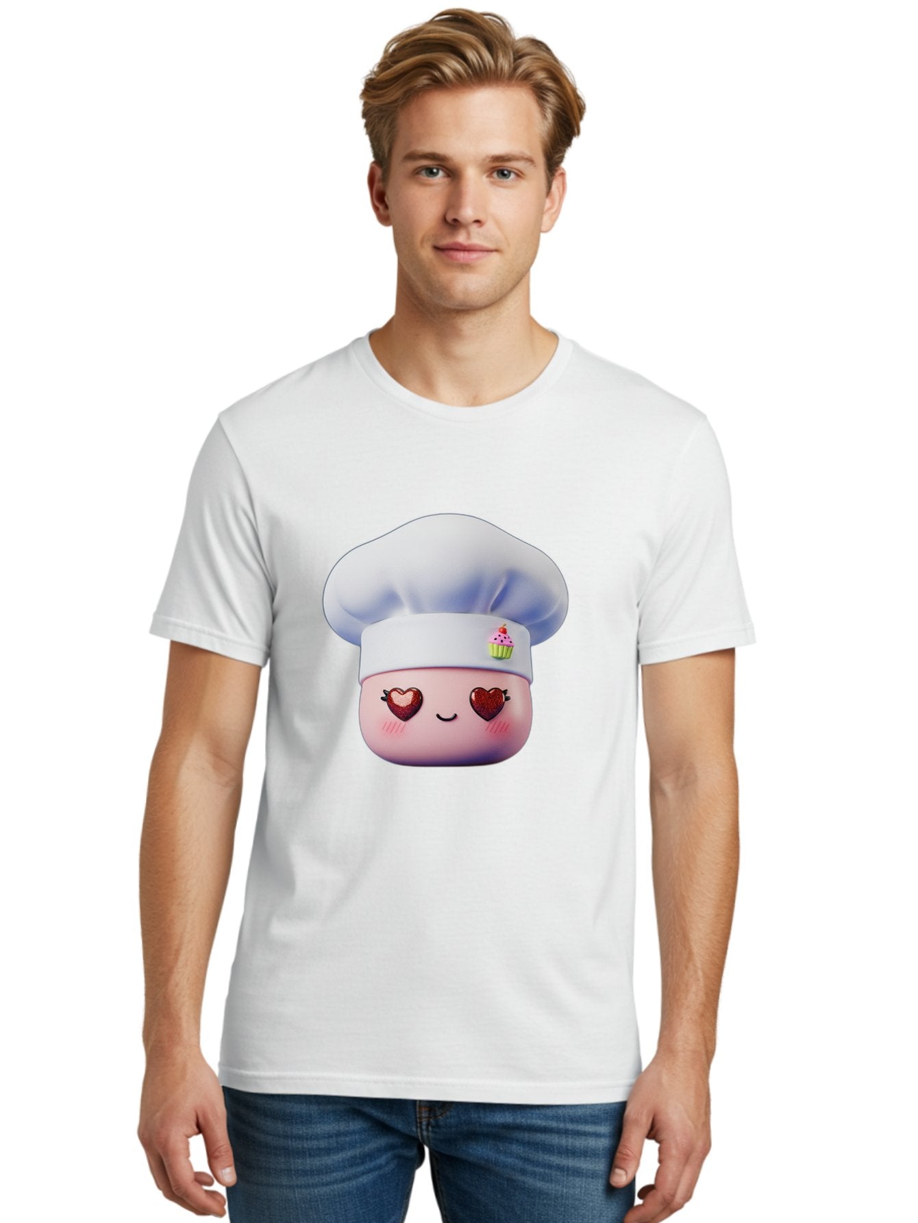 Cupcake-Chef Men'S Graphic Tee, 100% Cotton, Comfortable Casual Summer Wear, Machine Washable, Cartoon Chef, Baker Character, Sweet Treats, Heart-Shaped Eyes, Dessert Design, Baking Love, Pastry Chef Hat, Cute Pastel Colors, Whimsical Bakery Bac956 22