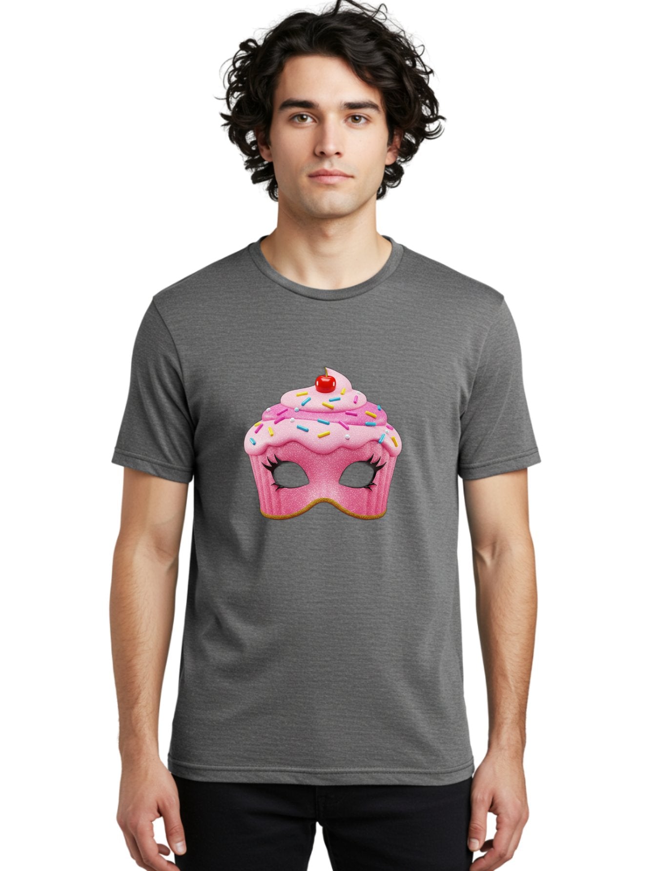 Cupcake-Mask Men'S Graphic Tee, 100% Cotton, Comfortable Casual Summer Wear, Machine Washable, Pink Cupcake Mask, Decorative Mask, Frosting And Sprinkles, Eye Holes, Mascara Lashes, Cherry On Top, Sweet Treats, Party Accessories, Costume Masks Bac957 17