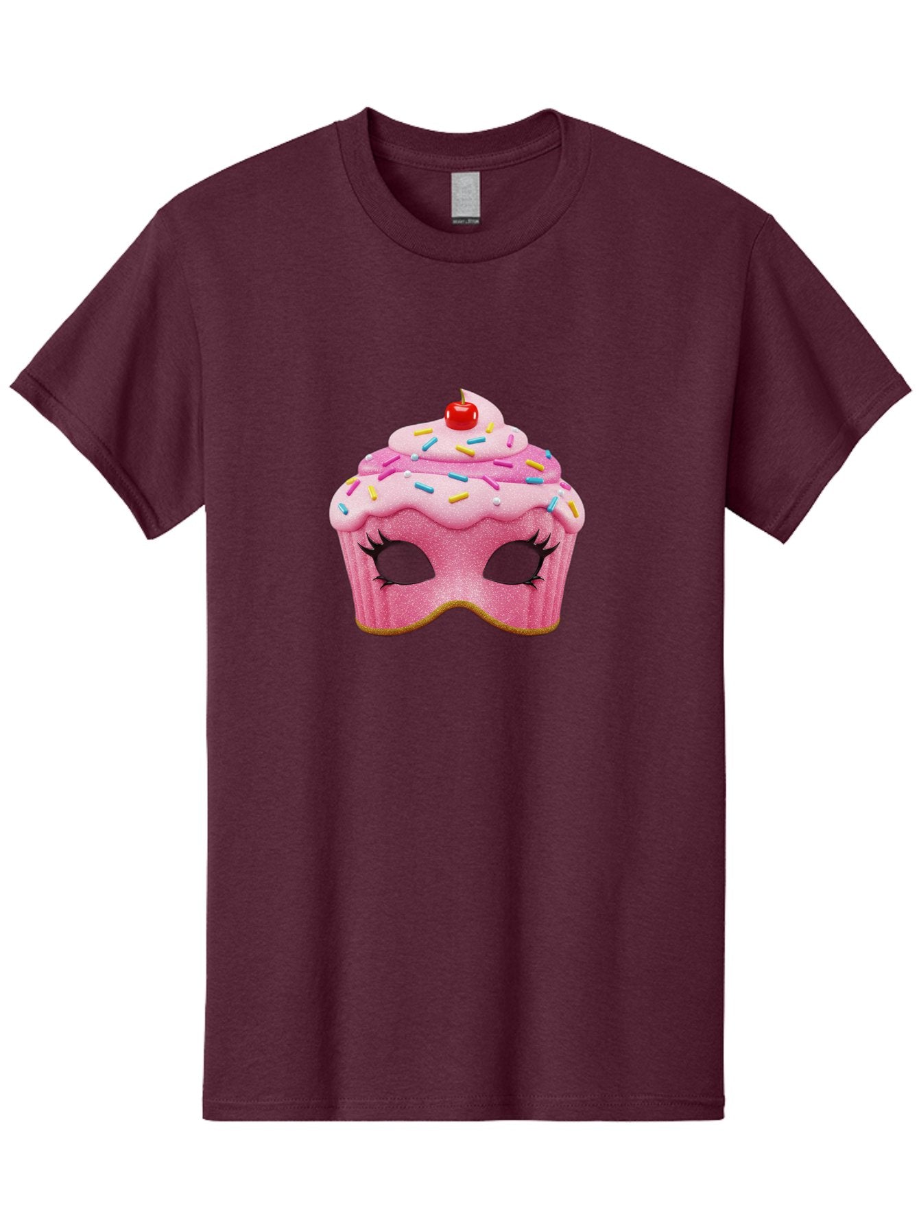 Cupcake-Mask Men'S Graphic Tee, 100% Cotton, Comfortable Casual Summer Wear, Machine Washable, Pink Cupcake Mask, Decorative Mask, Frosting And Sprinkles, Eye Holes, Mascara Lashes, Cherry On Top, Sweet Treats, Party Accessories, Costume Masks Bac957 12
