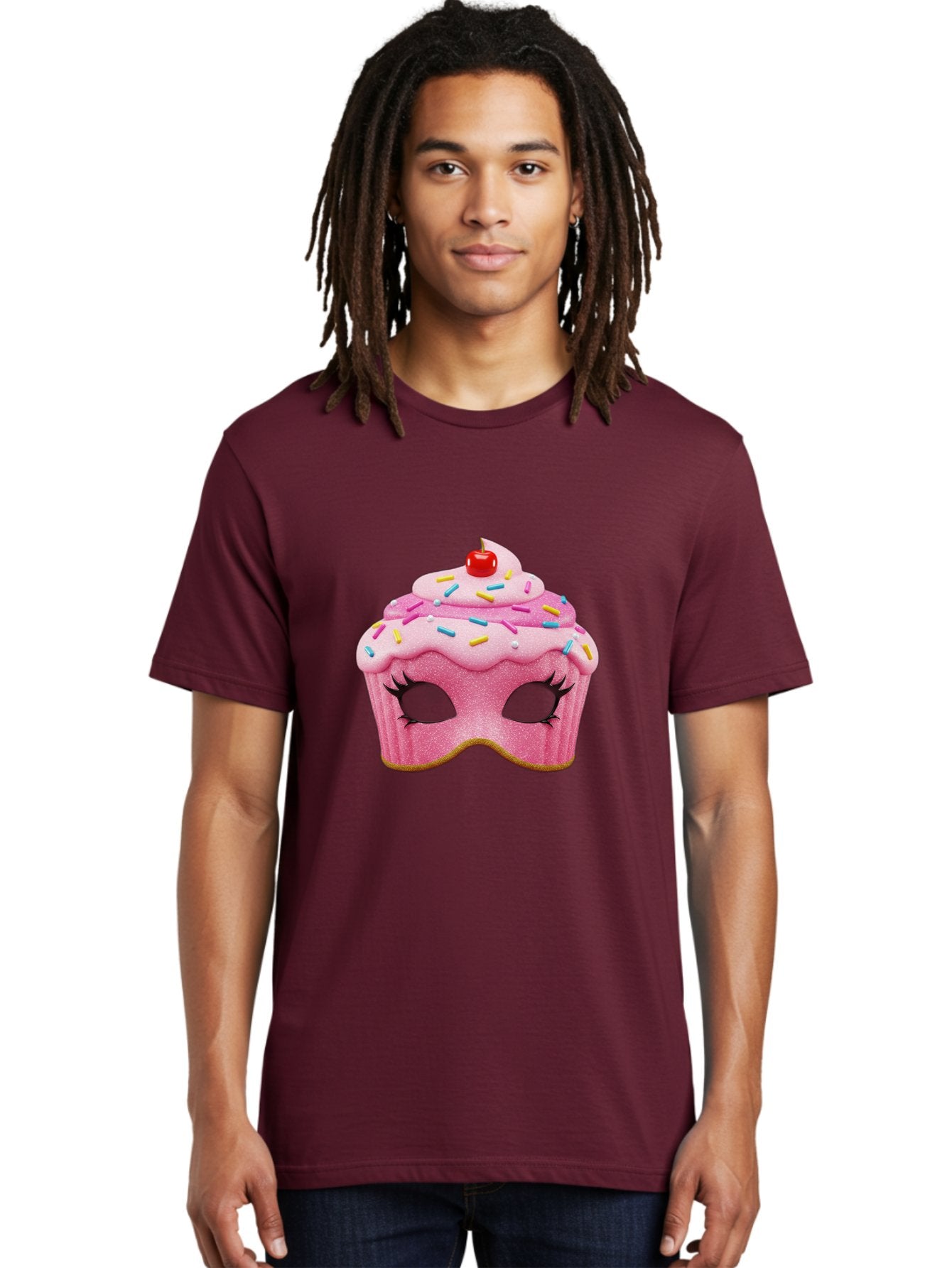 Cupcake-Mask Men'S Graphic Tee, 100% Cotton, Comfortable Casual Summer Wear, Machine Washable, Pink Cupcake Mask, Decorative Mask, Frosting And Sprinkles, Eye Holes, Mascara Lashes, Cherry On Top, Sweet Treats, Party Accessories, Costume Masks Bac957 28