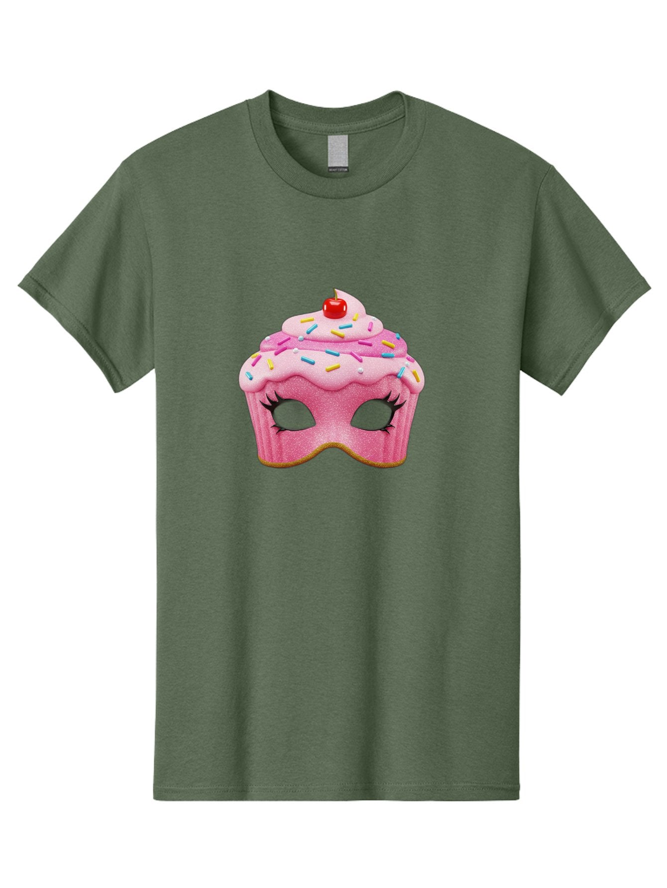 Cupcake-Mask Men'S Graphic Tee, 100% Cotton, Comfortable Casual Summer Wear, Machine Washable, Pink Cupcake Mask, Decorative Mask, Frosting And Sprinkles, Eye Holes, Mascara Lashes, Cherry On Top, Sweet Treats, Party Accessories, Costume Masks Bac957 4