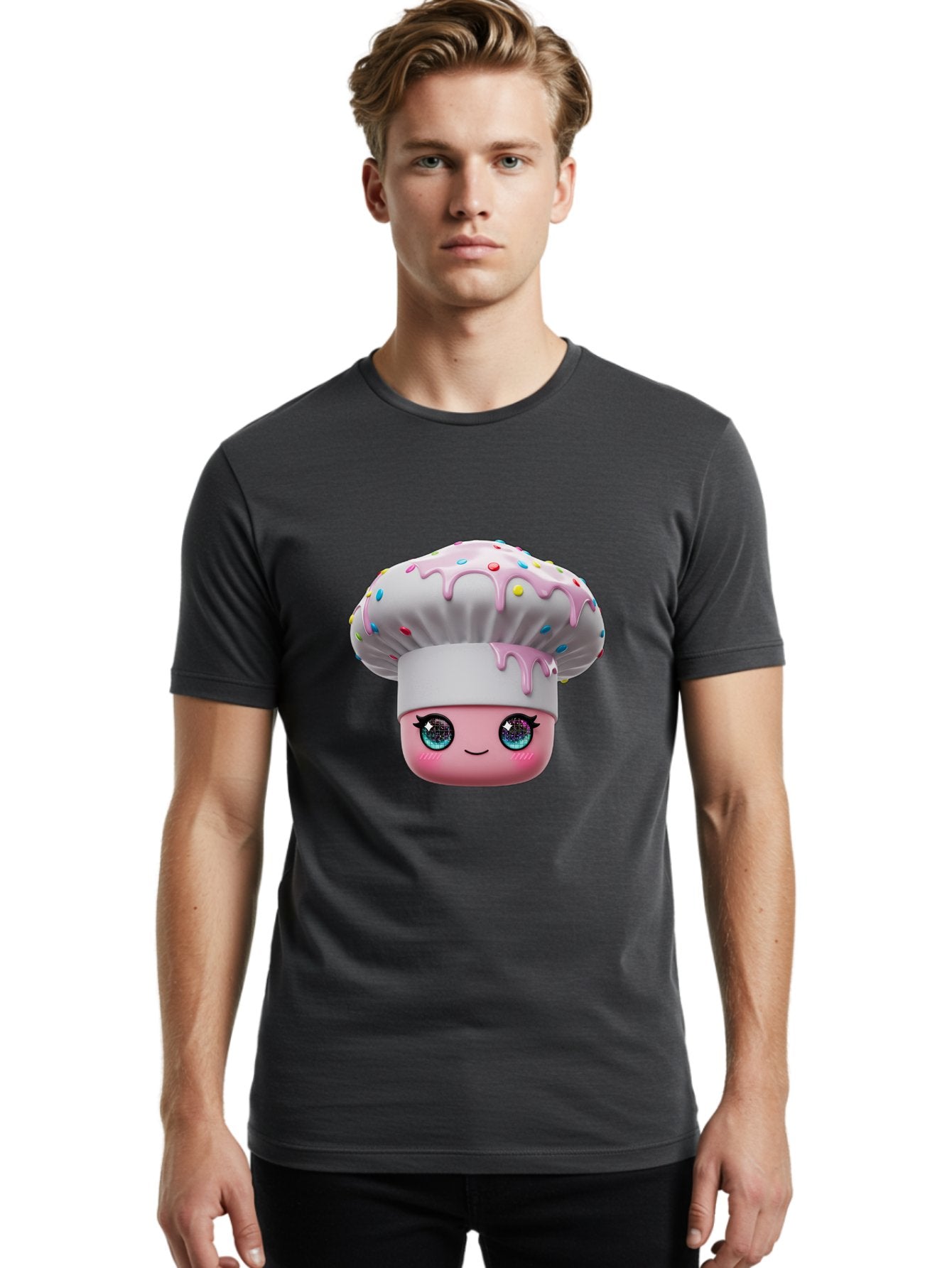 Cupcake Men'S Graphic Tee, 100% Cotton, Comfortable Casual Summer Wear, Machine Washable, Cartoon Cupcake, Cute Face, Sparkly Eyes, Pastel Colors, Sweet Treat, Dessert Illustration, Whimsical Design, Bakery Art, Foodie Graphics, Bac958 19