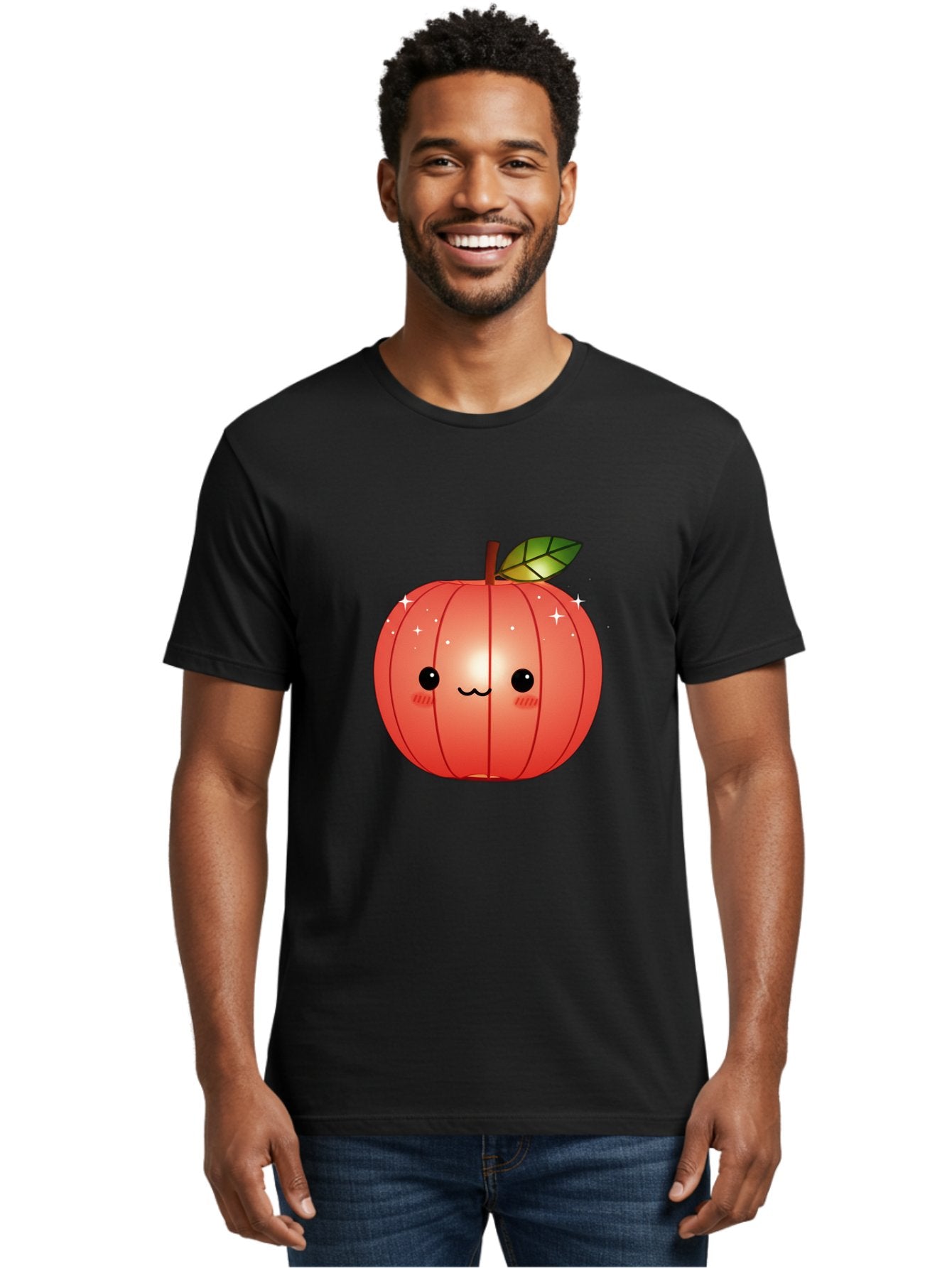 Cute-Apple Men'S Graphic Tee, 100% Cotton, Comfortable Casual Summer Wear, Machine Washable, Peach Fruit, Kawaii Character, Cartoon Style, Cute Face, Smiley Expression, Blushing Cheeks, Sparkles, Sweet Charm, Adorable Design Bac959 30