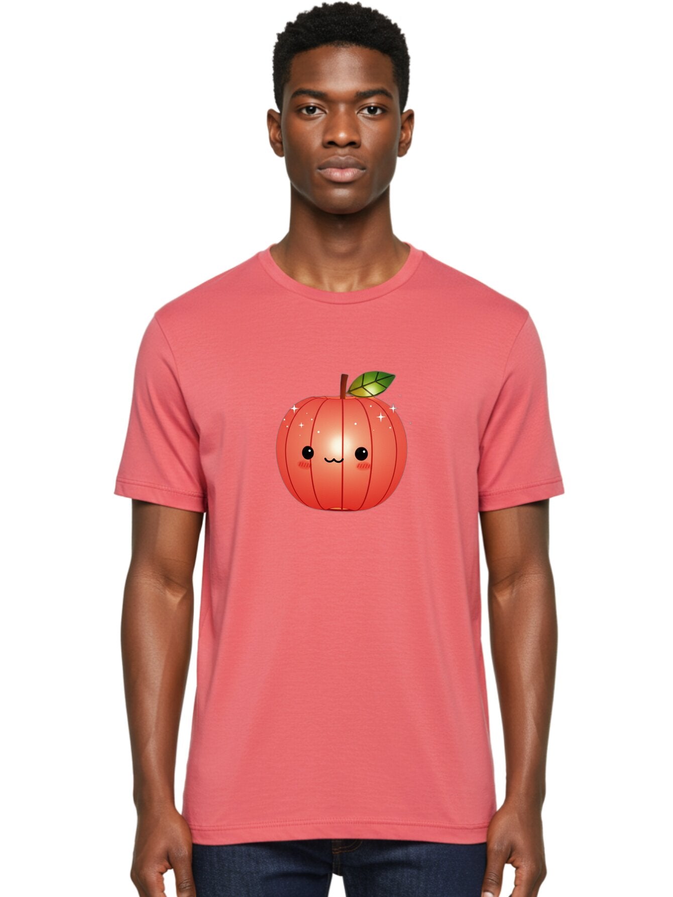 Cute-Apple Men'S Graphic Tee, 100% Cotton, Comfortable Casual Summer Wear, Machine Washable, Peach Fruit, Kawaii Character, Cartoon Style, Cute Face, Smiley Expression, Blushing Cheeks, Sparkles, Sweet Charm, Adorable Design Bac959 24