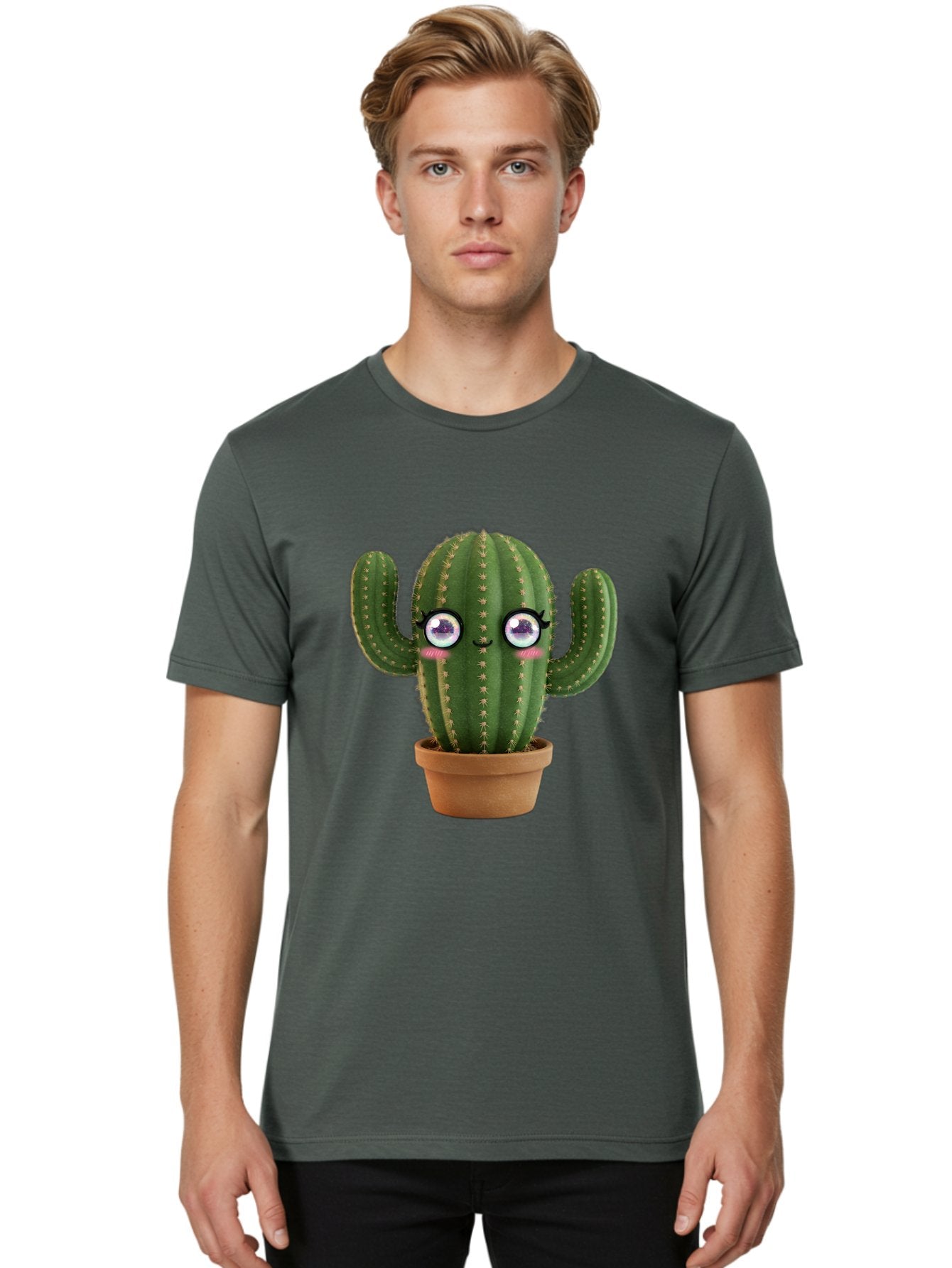 Cute-Cactus-1 Men'S Graphic Tee, 100% Cotton, Comfortable Casual Summer Wear, Machine Washable, Cartoon Cactus, Anthropomorphic Plant, Kawaii Character, Potted Cactus, Succulent Design, Funny Face, Cute Eyes, Terracotta Pot, Quirky Character, Bac961 24