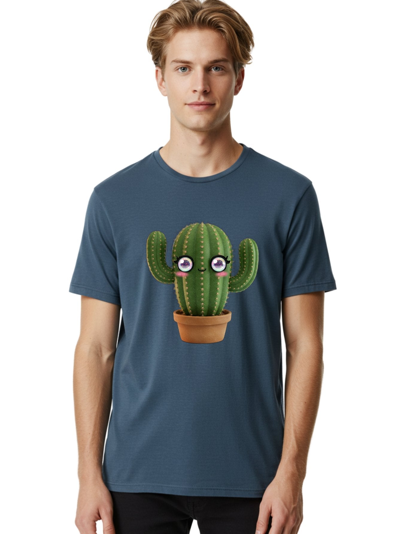 Cute-Cactus-1 Men'S Graphic Tee, 100% Cotton, Comfortable Casual Summer Wear, Machine Washable, Cartoon Cactus, Anthropomorphic Plant, Kawaii Character, Potted Cactus, Succulent Design, Funny Face, Cute Eyes, Terracotta Pot, Quirky Character, Bac961 22