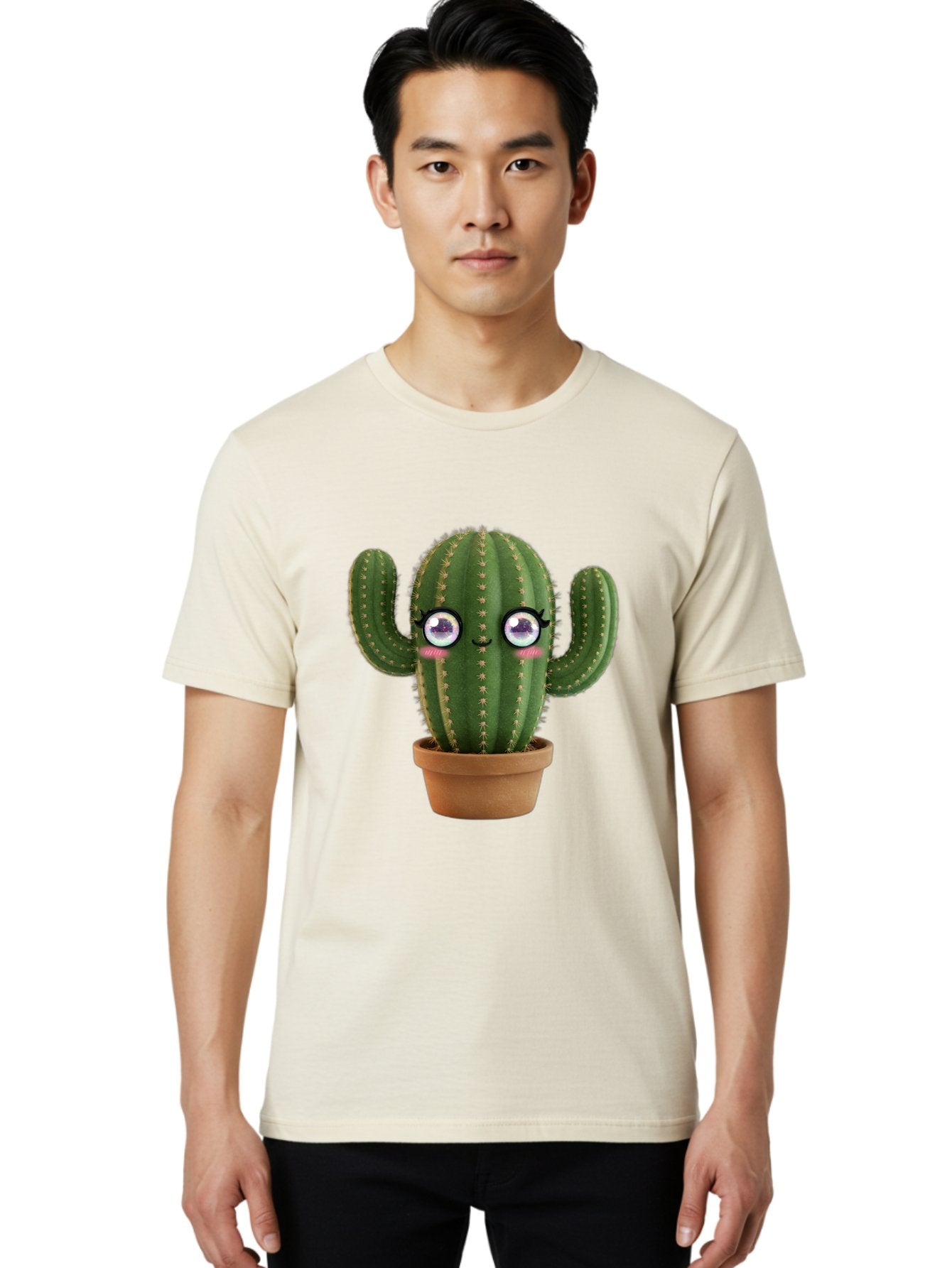 Cute-Cactus-1 Men'S Graphic Tee, 100% Cotton, Comfortable Casual Summer Wear, Machine Washable, Cartoon Cactus, Anthropomorphic Plant, Kawaii Character, Potted Cactus, Succulent Design, Funny Face, Cute Eyes, Terracotta Pot, Quirky Character, Bac961 16