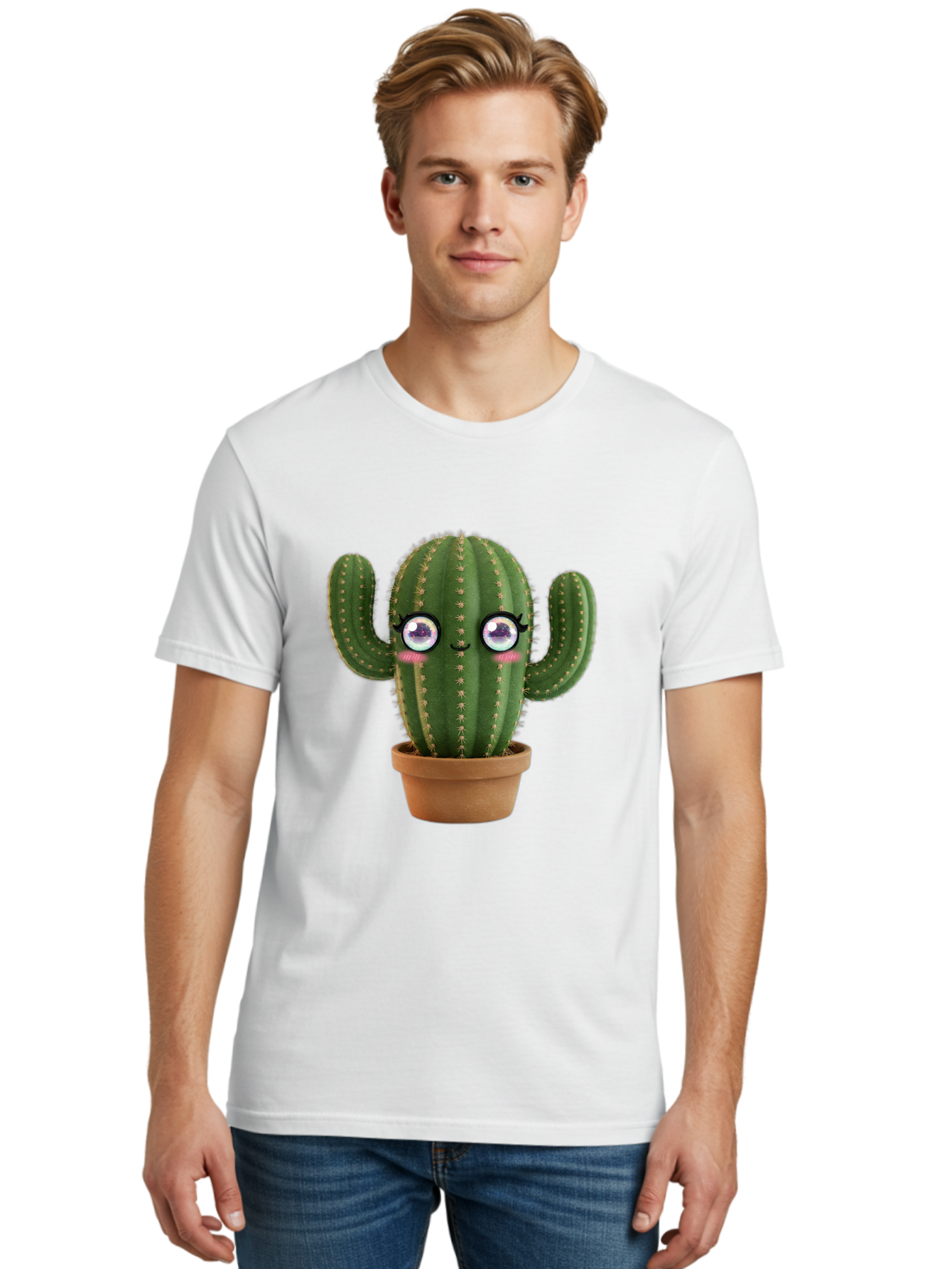 Cute-Cactus-1 Men'S Graphic Tee, 100% Cotton, Comfortable Casual Summer Wear, Machine Washable, Cartoon Cactus, Anthropomorphic Plant, Kawaii Character, Potted Cactus, Succulent Design, Funny Face, Cute Eyes, Terracotta Pot, Quirky Character, Bac961 16