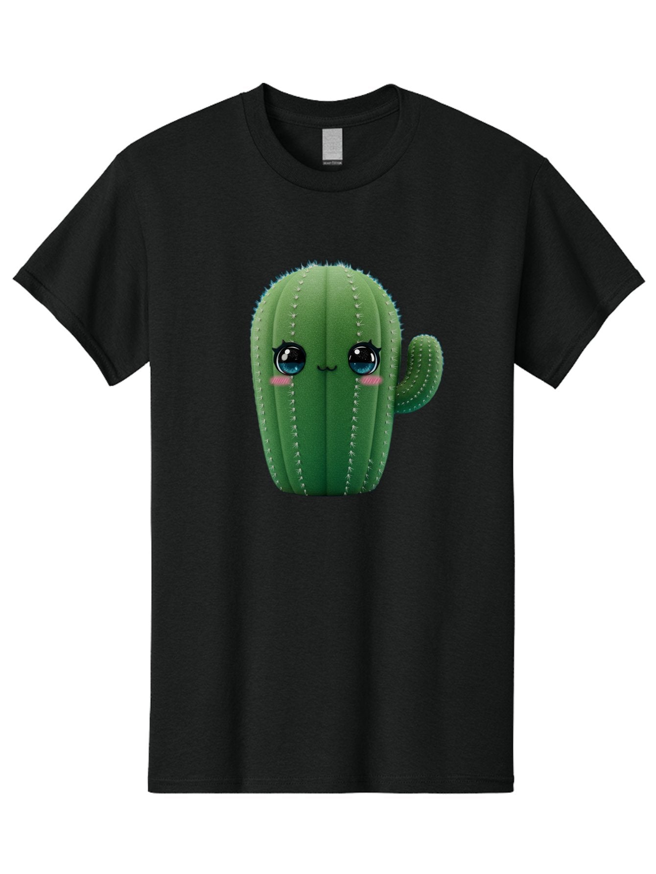 Cute-Cactus Men'S Graphic Tee, 100% Cotton, Comfortable Casual Summer Wear, Machine Washable, Cartoon Cactus, Cute Plush Toy, Adorable Desert Plant, Kawaii Character, Soft Toy, Blue Eyes, Smiling Face, Pink Cheeks Bac962 3
