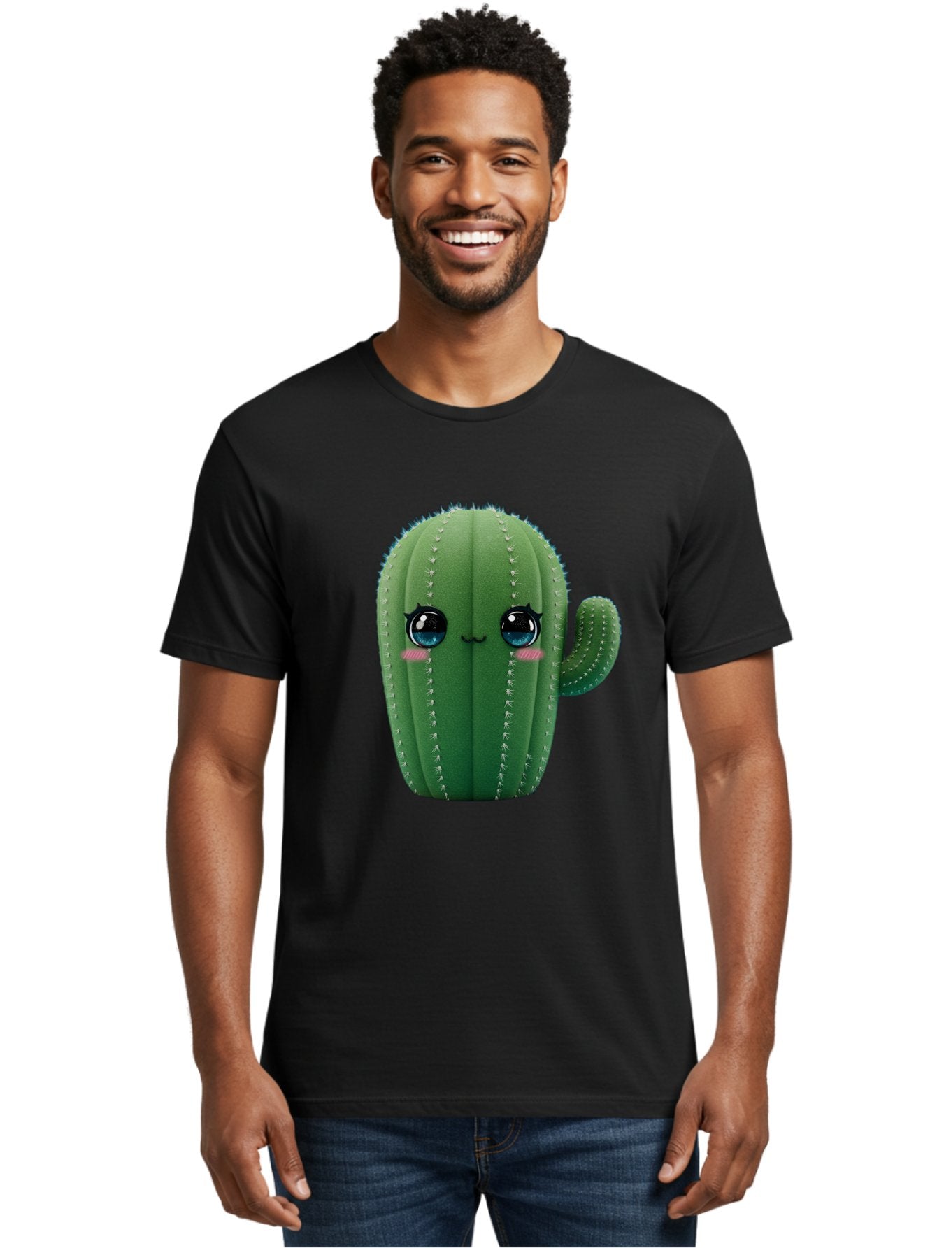 Cute-Cactus Men'S Graphic Tee, 100% Cotton, Comfortable Casual Summer Wear, Machine Washable, Cartoon Cactus, Cute Plush Toy, Adorable Desert Plant, Kawaii Character, Soft Toy, Blue Eyes, Smiling Face, Pink Cheeks Bac962 22