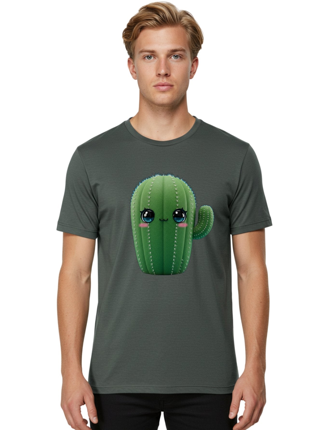 Cute-Cactus Men'S Graphic Tee, 100% Cotton, Comfortable Casual Summer Wear, Machine Washable, Cartoon Cactus, Cute Plush Toy, Adorable Desert Plant, Kawaii Character, Soft Toy, Blue Eyes, Smiling Face, Pink Cheeks Bac962 26