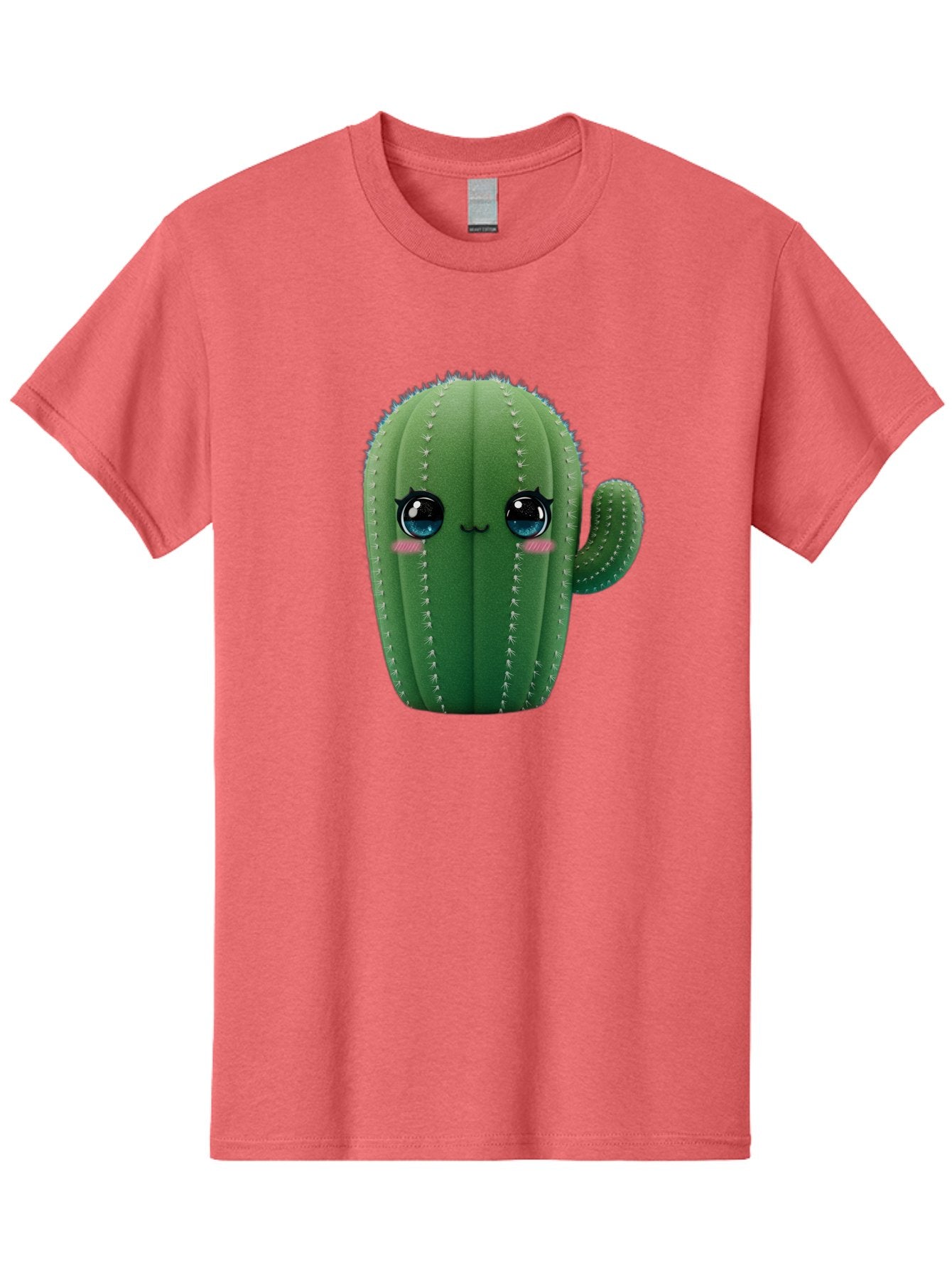 Cute-Cactus Men'S Graphic Tee, 100% Cotton, Comfortable Casual Summer Wear, Machine Washable, Cartoon Cactus, Cute Plush Toy, Adorable Desert Plant, Kawaii Character, Soft Toy, Blue Eyes, Smiling Face, Pink Cheeks Bac962 4