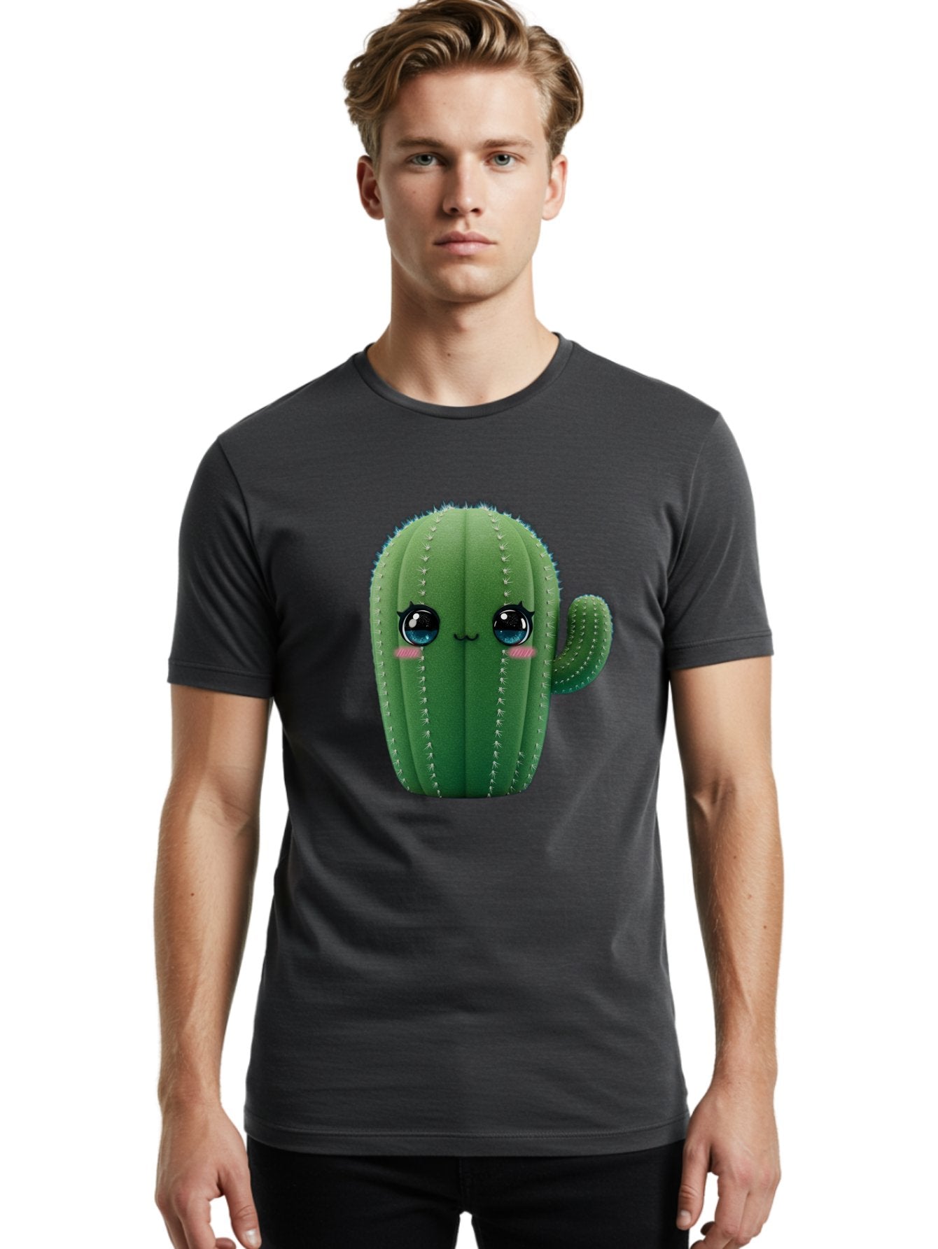 Cute-Cactus Men'S Graphic Tee, 100% Cotton, Comfortable Casual Summer Wear, Machine Washable, Cartoon Cactus, Cute Plush Toy, Adorable Desert Plant, Kawaii Character, Soft Toy, Blue Eyes, Smiling Face, Pink Cheeks Bac962 28