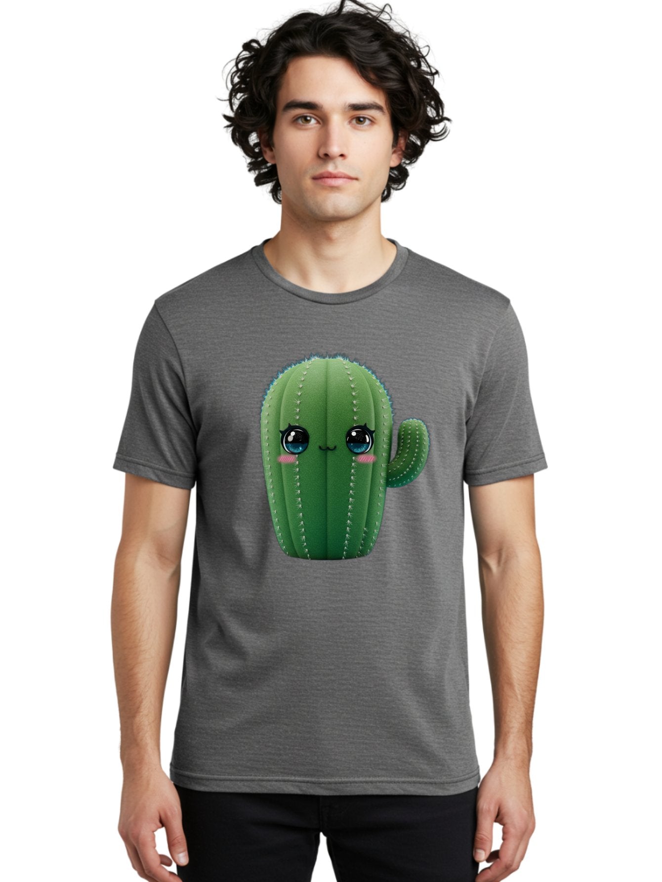 Cute-Cactus Men'S Graphic Tee, 100% Cotton, Comfortable Casual Summer Wear, Machine Washable, Cartoon Cactus, Cute Plush Toy, Adorable Desert Plant, Kawaii Character, Soft Toy, Blue Eyes, Smiling Face, Pink Cheeks Bac962 16