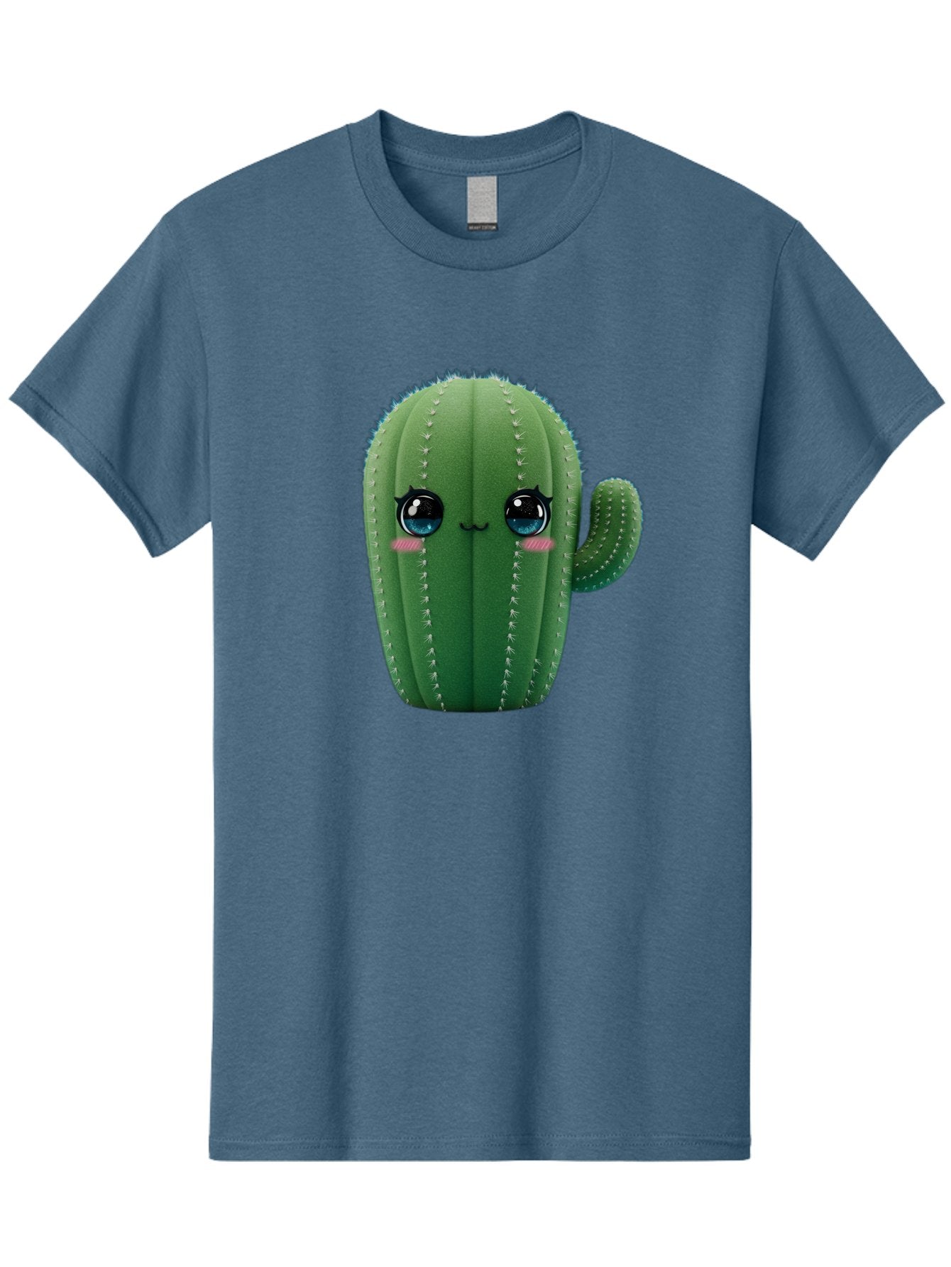 Cute-Cactus Men'S Graphic Tee, 100% Cotton, Comfortable Casual Summer Wear, Machine Washable, Cartoon Cactus, Cute Plush Toy, Adorable Desert Plant, Kawaii Character, Soft Toy, Blue Eyes, Smiling Face, Pink Cheeks Bac962