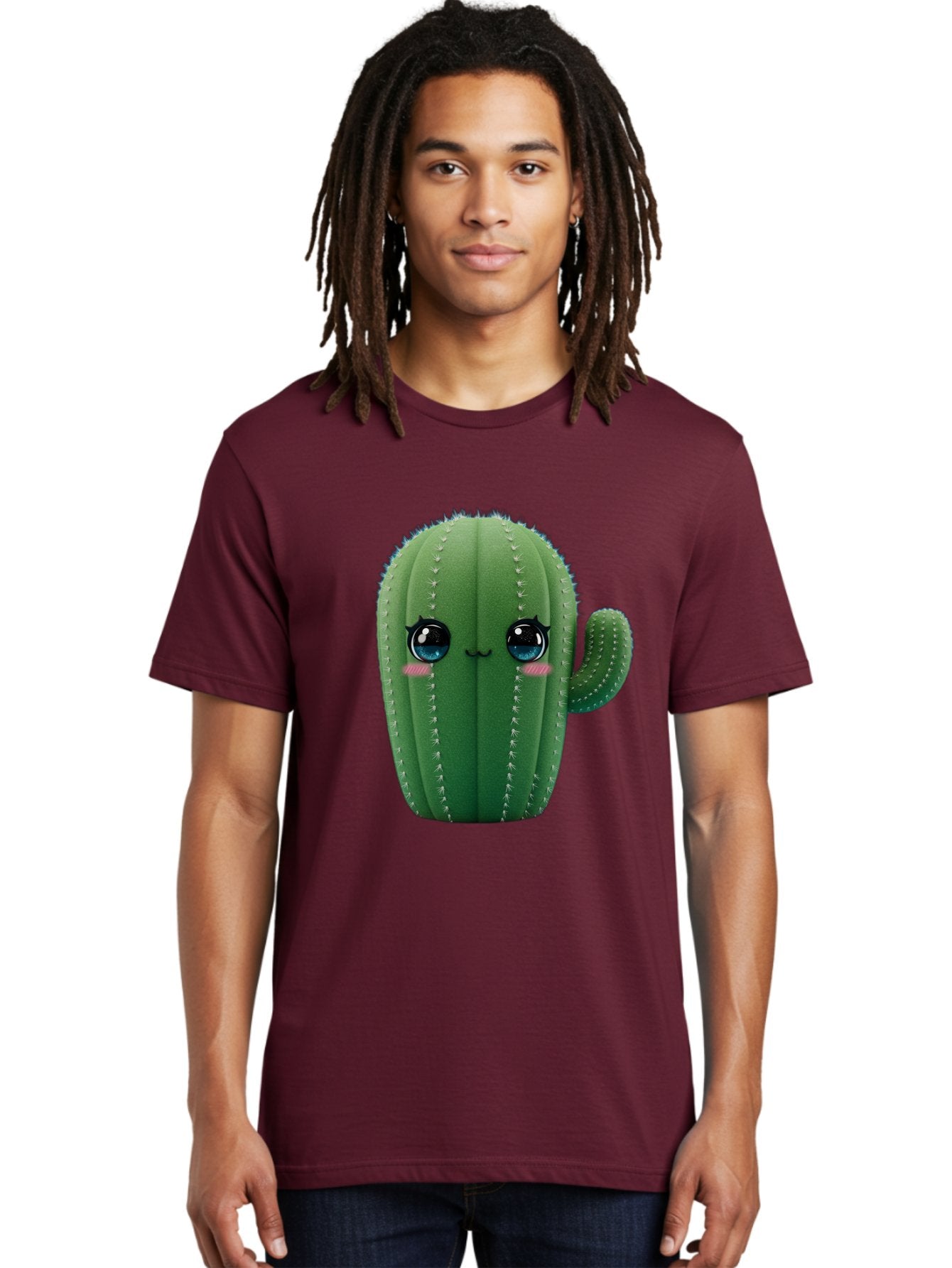 Cute-Cactus Men'S Graphic Tee, 100% Cotton, Comfortable Casual Summer Wear, Machine Washable, Cartoon Cactus, Cute Plush Toy, Adorable Desert Plant, Kawaii Character, Soft Toy, Blue Eyes, Smiling Face, Pink Cheeks Bac962 29