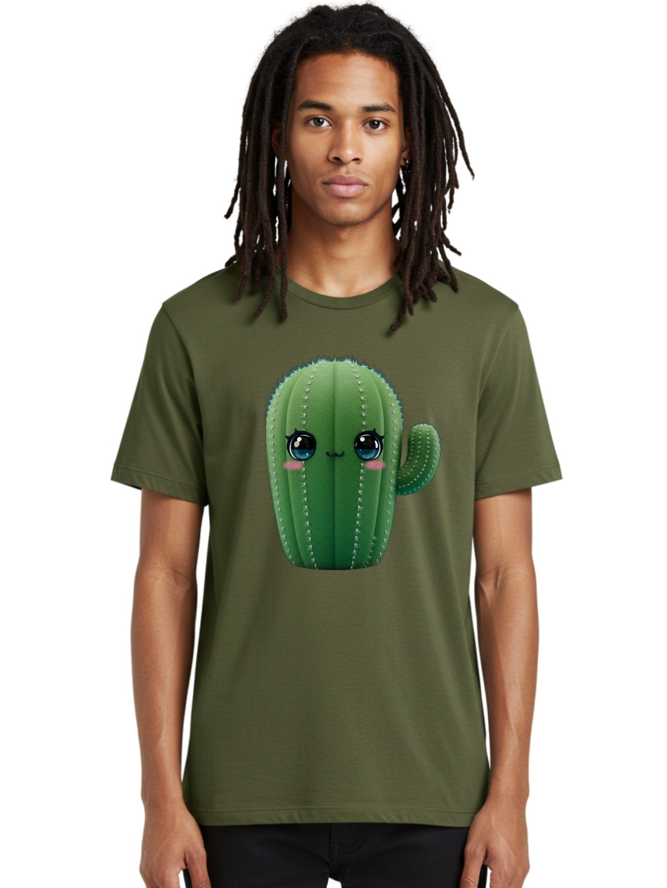 Cute-Cactus Men'S Graphic Tee, 100% Cotton, Comfortable Casual Summer Wear, Machine Washable, Cartoon Cactus, Cute Plush Toy, Adorable Desert Plant, Kawaii Character, Soft Toy, Blue Eyes, Smiling Face, Pink Cheeks Bac962 30