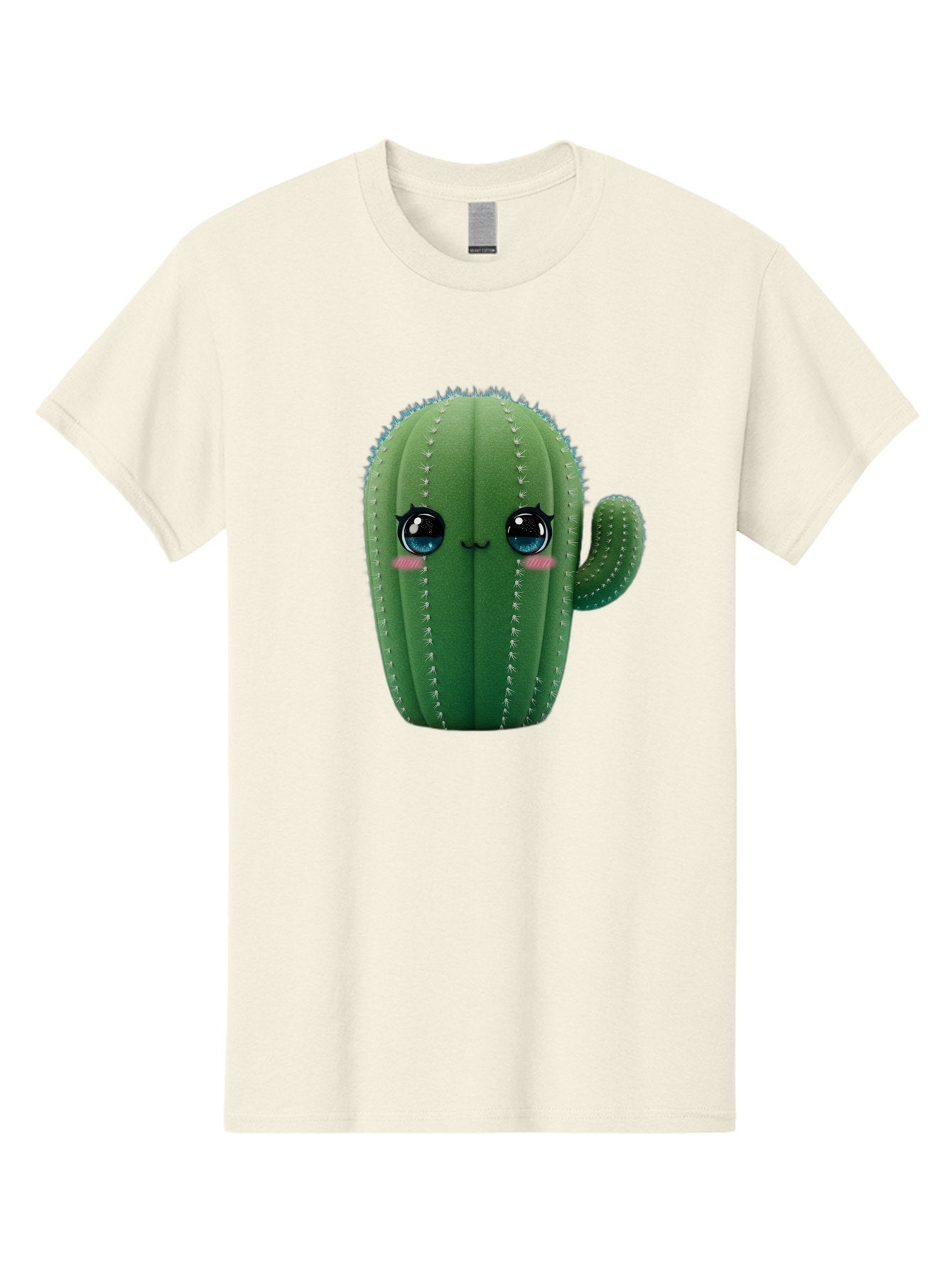 Cute-Cactus Men'S Graphic Tee, 100% Cotton, Comfortable Casual Summer Wear, Machine Washable, Cartoon Cactus, Cute Plush Toy, Adorable Desert Plant, Kawaii Character, Soft Toy, Blue Eyes, Smiling Face, Pink Cheeks Bac962 5