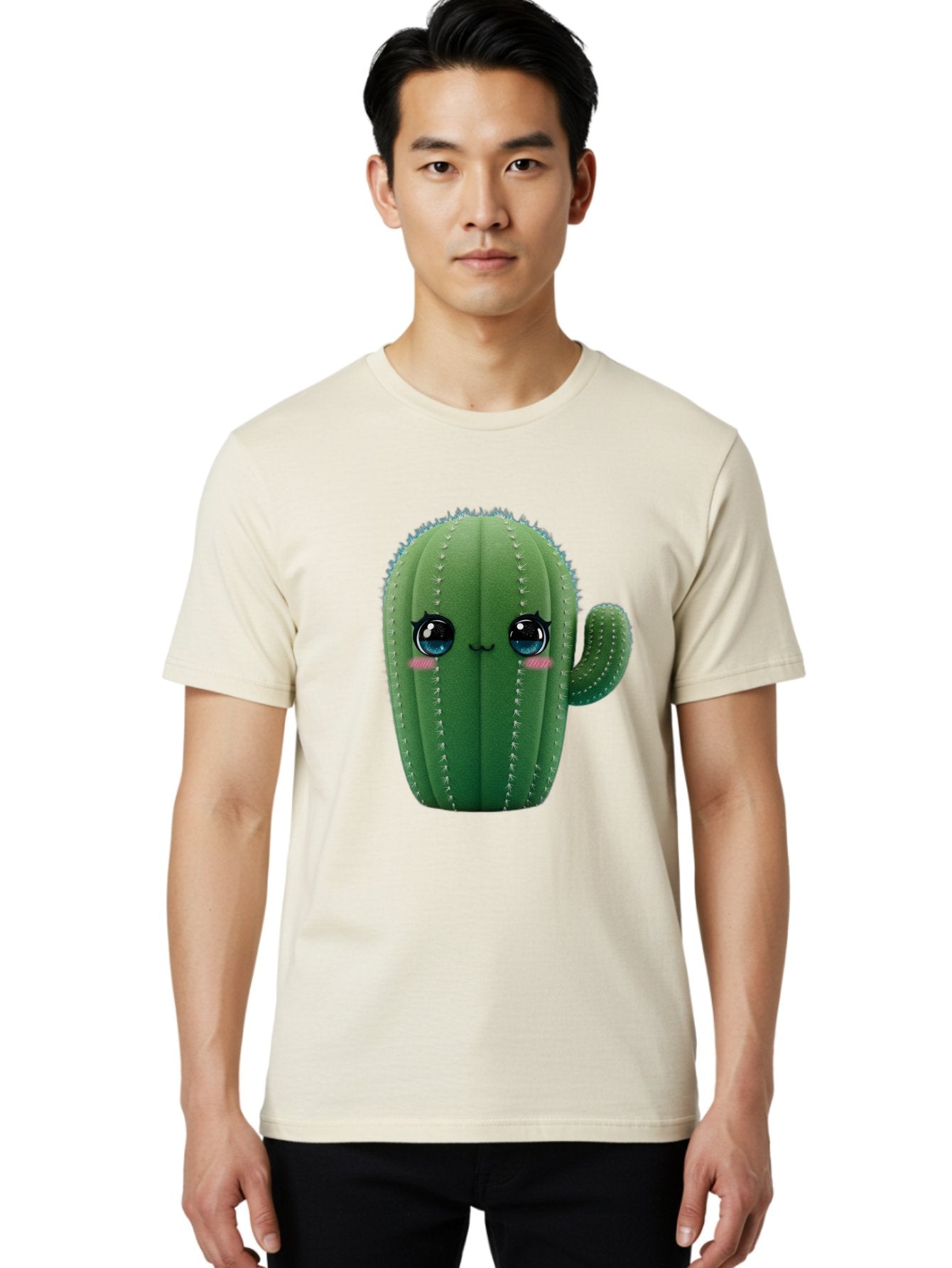 Cute-Cactus Men'S Graphic Tee, 100% Cotton, Comfortable Casual Summer Wear, Machine Washable, Cartoon Cactus, Cute Plush Toy, Adorable Desert Plant, Kawaii Character, Soft Toy, Blue Eyes, Smiling Face, Pink Cheeks Bac962 23