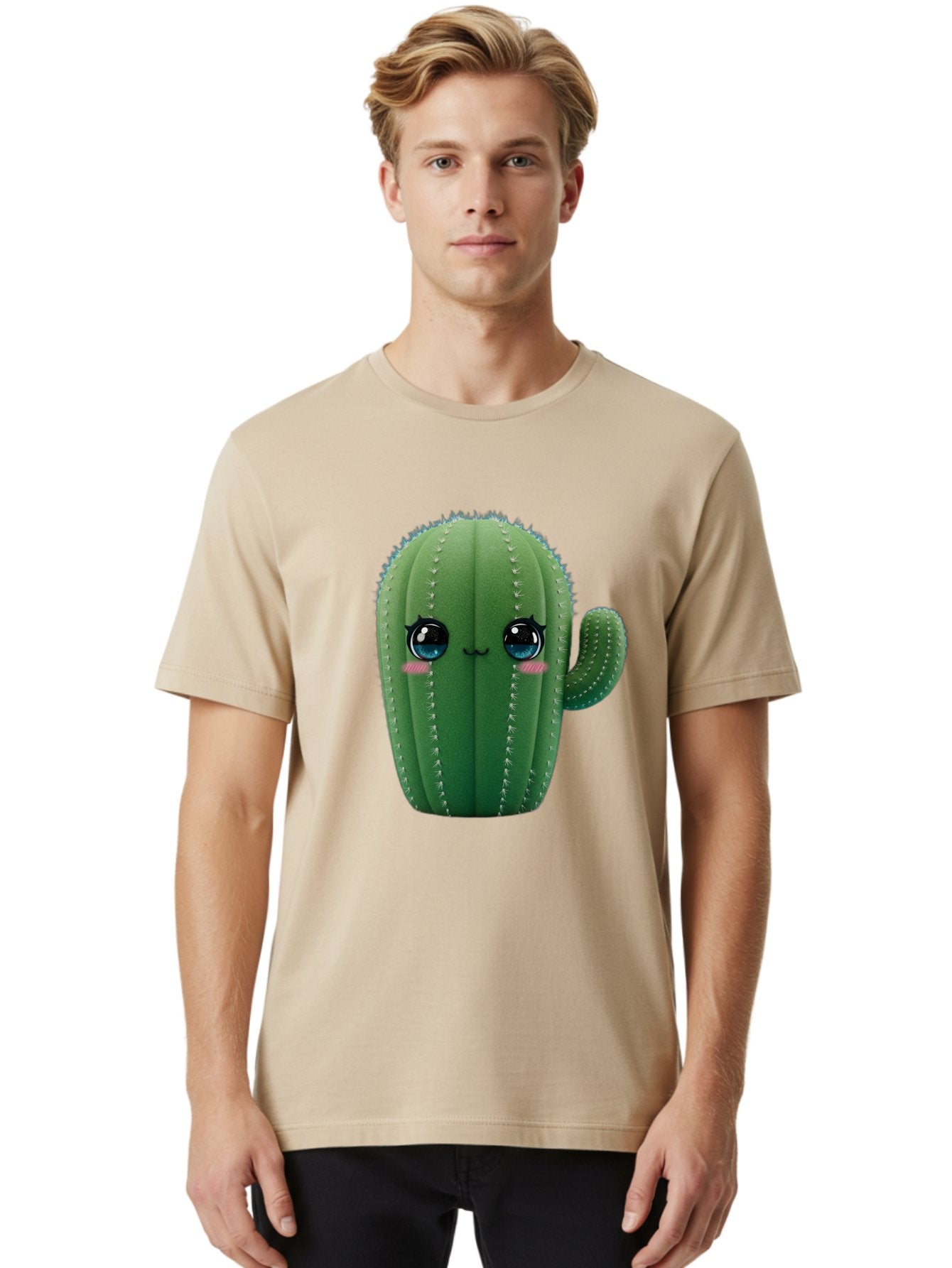 Cute-Cactus Men'S Graphic Tee, 100% Cotton, Comfortable Casual Summer Wear, Machine Washable, Cartoon Cactus, Cute Plush Toy, Adorable Desert Plant, Kawaii Character, Soft Toy, Blue Eyes, Smiling Face, Pink Cheeks Bac962 20