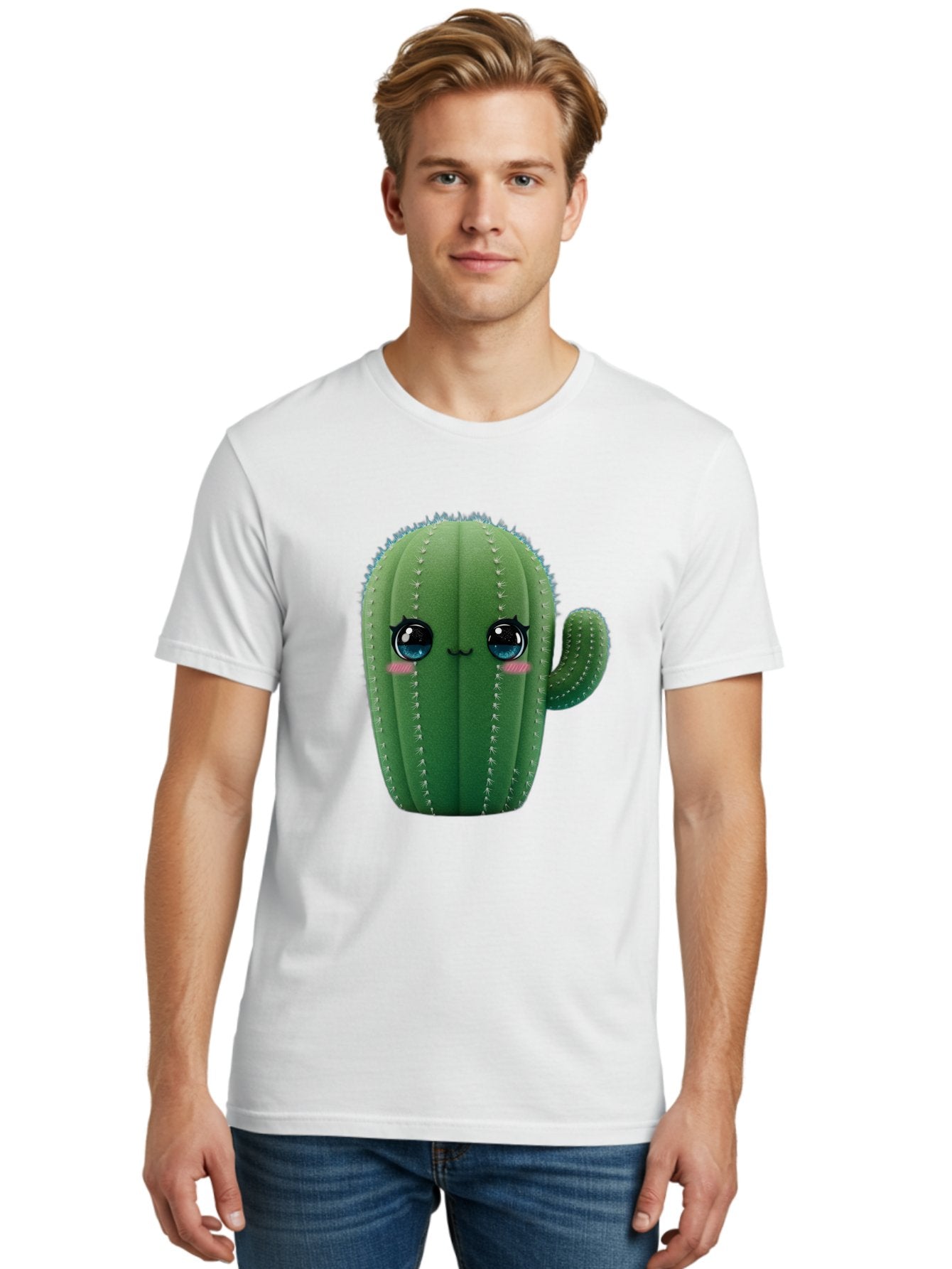 Cute-Cactus Men'S Graphic Tee, 100% Cotton, Comfortable Casual Summer Wear, Machine Washable, Cartoon Cactus, Cute Plush Toy, Adorable Desert Plant, Kawaii Character, Soft Toy, Blue Eyes, Smiling Face, Pink Cheeks Bac962 25