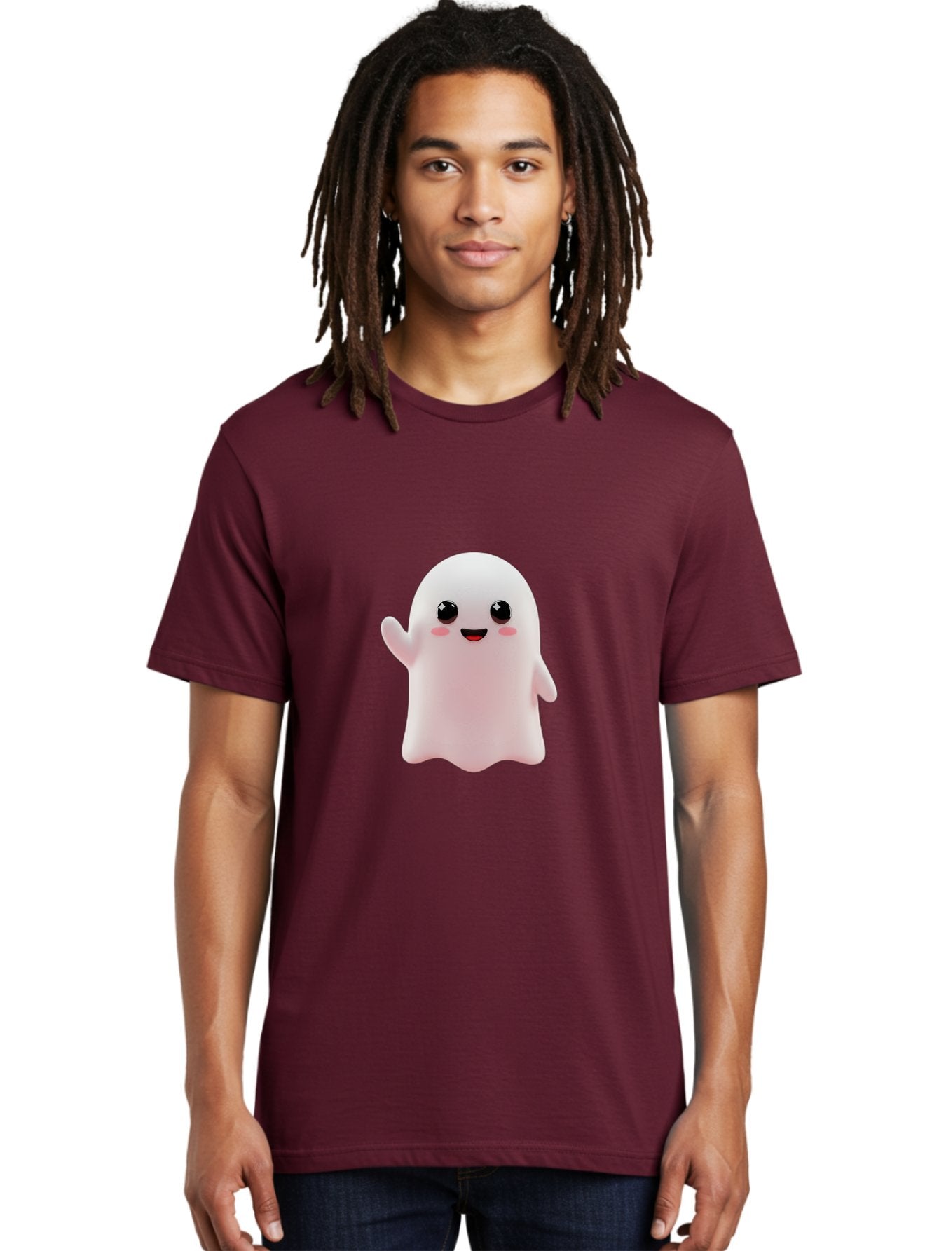 Cute-Ghost Men'S Graphic Tee, 100% Cotton, Comfortable Casual Summer Wear, Machine Washable, Happy Ghost, Cartoon Character, Friendly Spirit, Kawaii Design, Smiling Face, Waving Hand, Adorable Illustration, Cute Eyes, Playful Gesture, Bac963 26