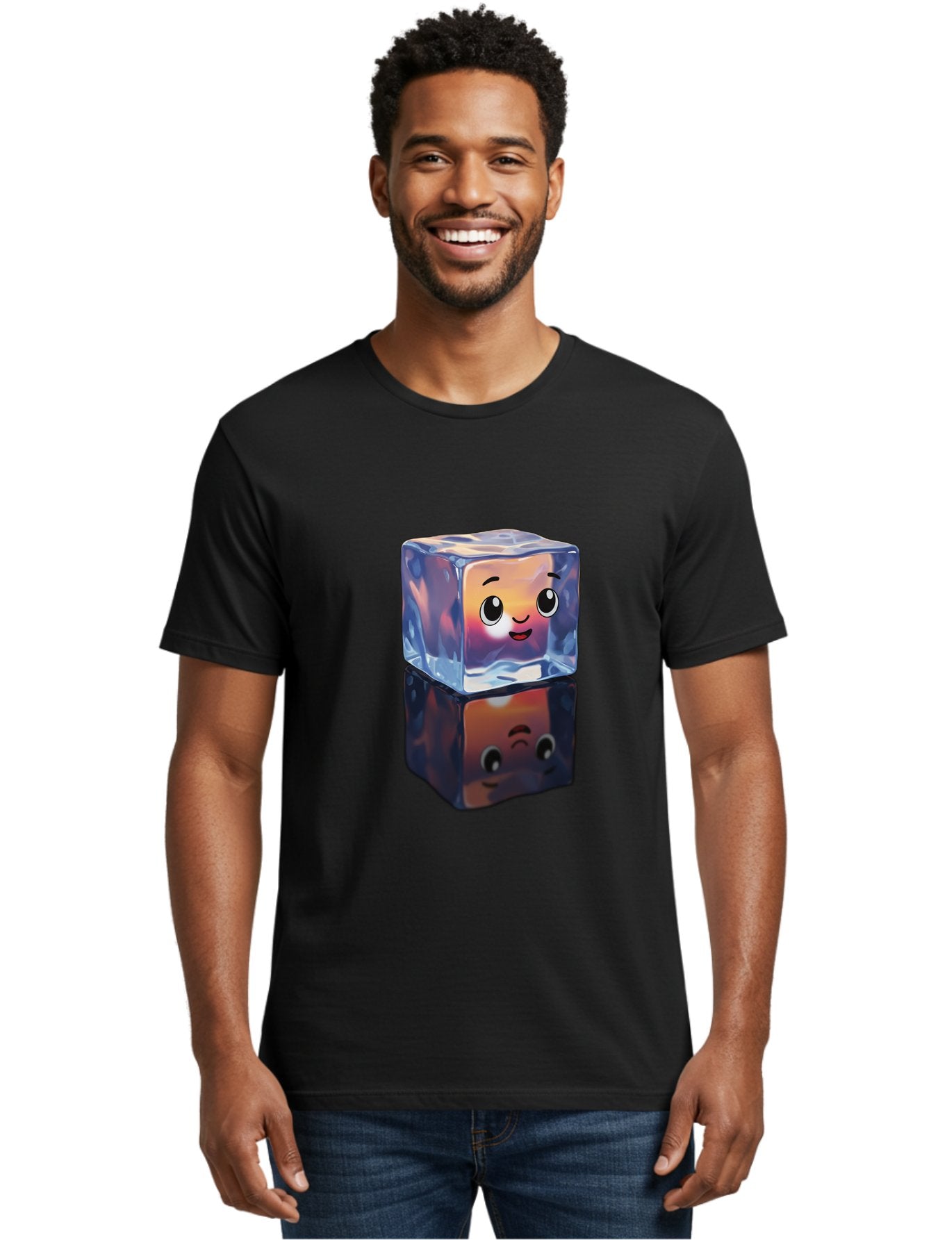 Cute-Ice-Cube Men'S Graphic Tee, 100% Cotton, Comfortable Casual Summer Wear, Machine Washable, Ice Cube, Cute Expression, Smiley Face, Cartoon Character, Digital Illustration, Emoji, Reflection, Transparent, Frosty, Fun, Kawaii, Emoticon, Bac964 20