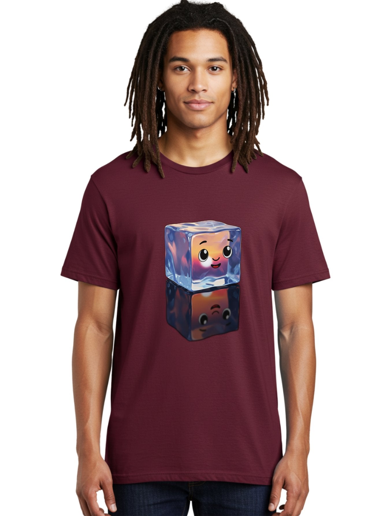 Cute-Ice-Cube Men'S Graphic Tee, 100% Cotton, Comfortable Casual Summer Wear, Machine Washable, Ice Cube, Cute Expression, Smiley Face, Cartoon Character, Digital Illustration, Emoji, Reflection, Transparent, Frosty, Fun, Kawaii, Emoticon, Bac964 23