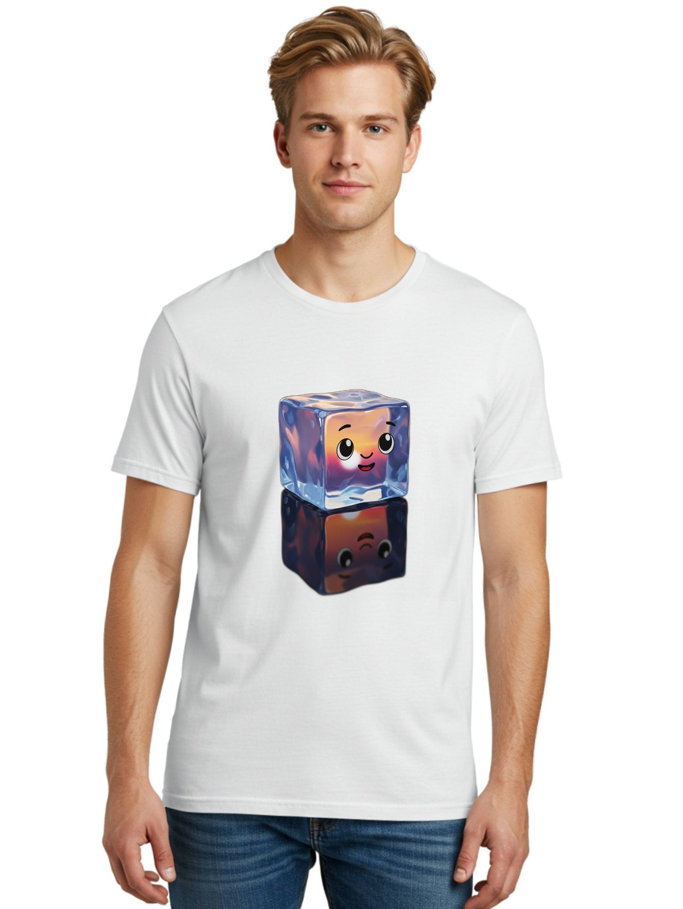 Cute-Ice-Cube Men'S Graphic Tee, 100% Cotton, Comfortable Casual Summer Wear, Machine Washable, Ice Cube, Cute Expression, Smiley Face, Cartoon Character, Digital Illustration, Emoji, Reflection, Transparent, Frosty, Fun, Kawaii, Emoticon, Bac964 16