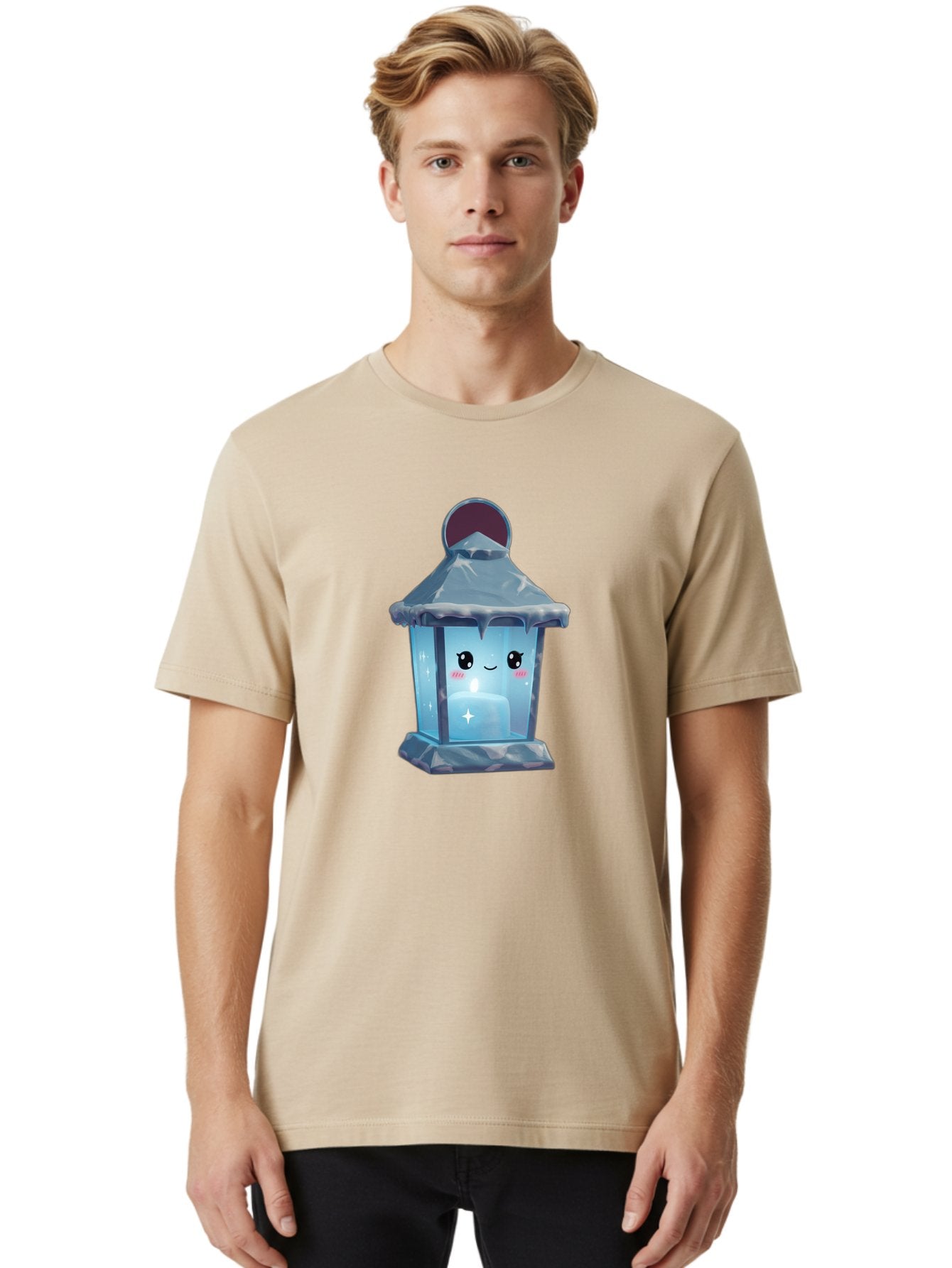 Cute-Lantern-2 Men'S Graphic Tee, 100% Cotton, Comfortable Casual Summer Wear, Machine Washable, Cute Lantern, Cartoon-Style Lantern, Smiling Face, Glowing Candle, Festive Atmosphere, Icy Blue, Sparkly, Adorable Character, Bac967 22