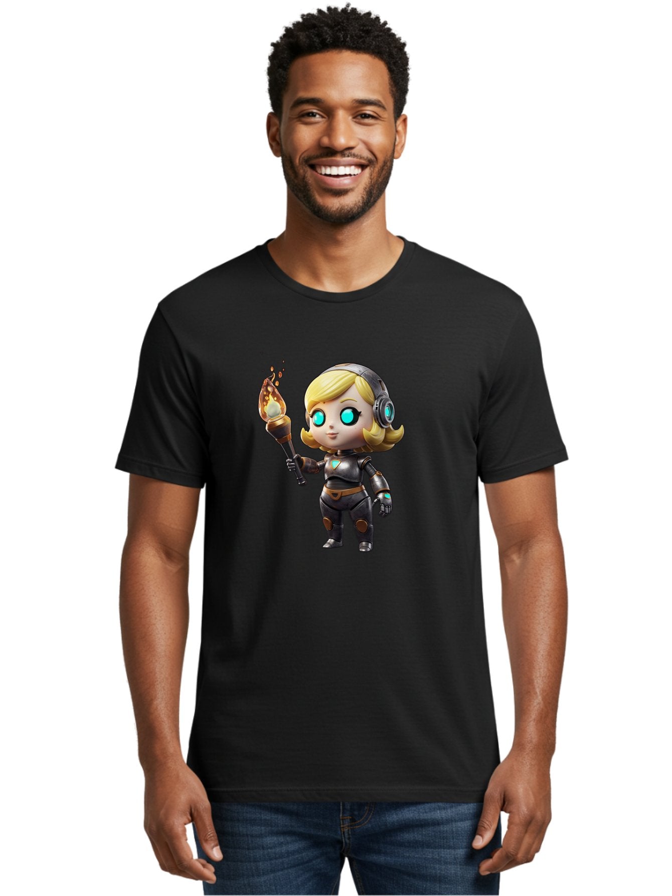 Cyberpunk-Girl Men'S Graphic Tee, 100% Cotton, Comfortable Casual Summer Wear, Machine Washable, Cartoon Girl, Robotic Armor, Futuristic Look, Blonde Hair, Blue Eyes, Torch In Hand, Flame Emitting Sparks, High-Tech Aesthetic, Cyberpunk Style, Bac970 24